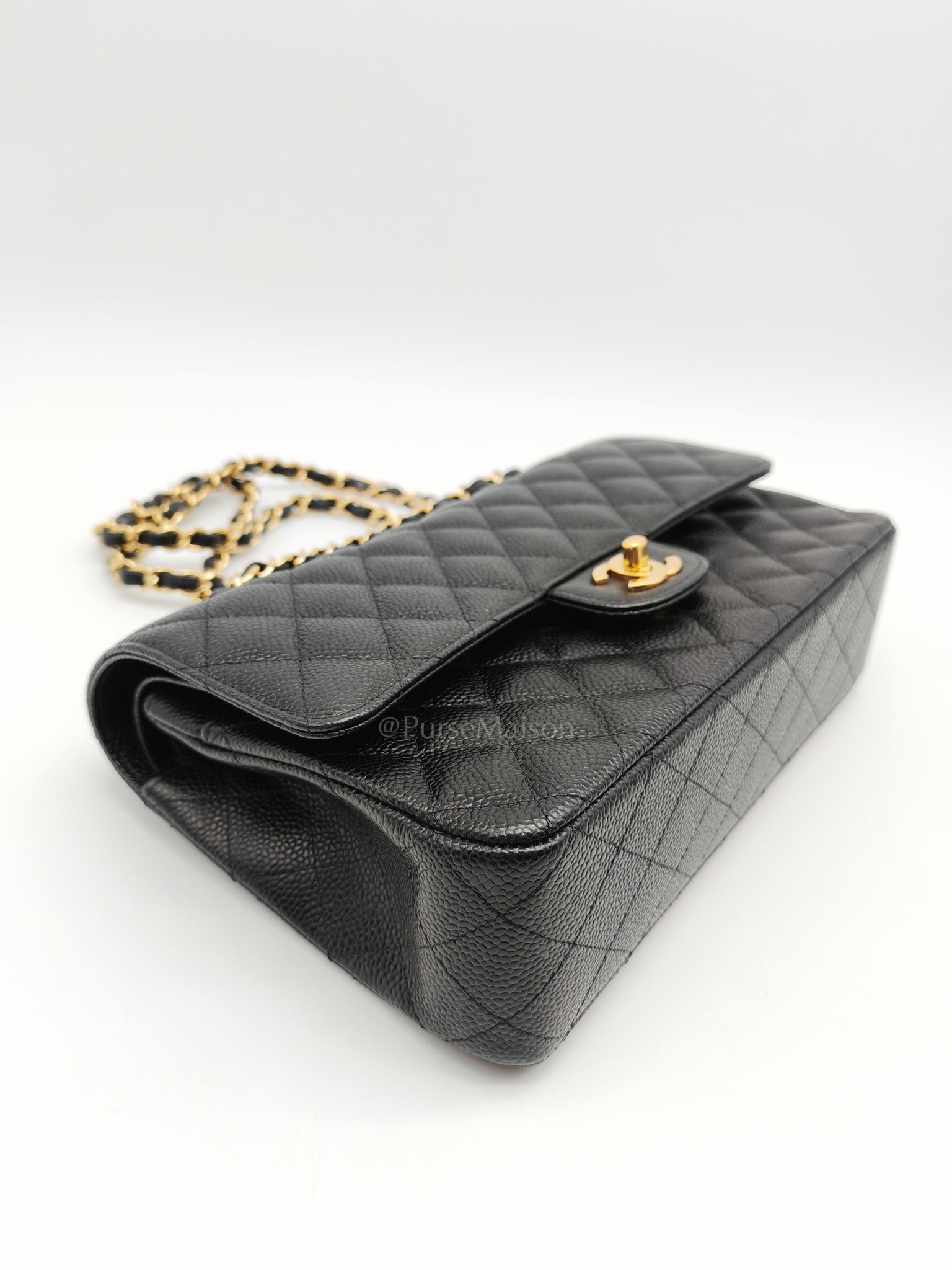 Classic Double Flap Medium in Black Quilted Caviar Leather and Gold Hardware Series 28