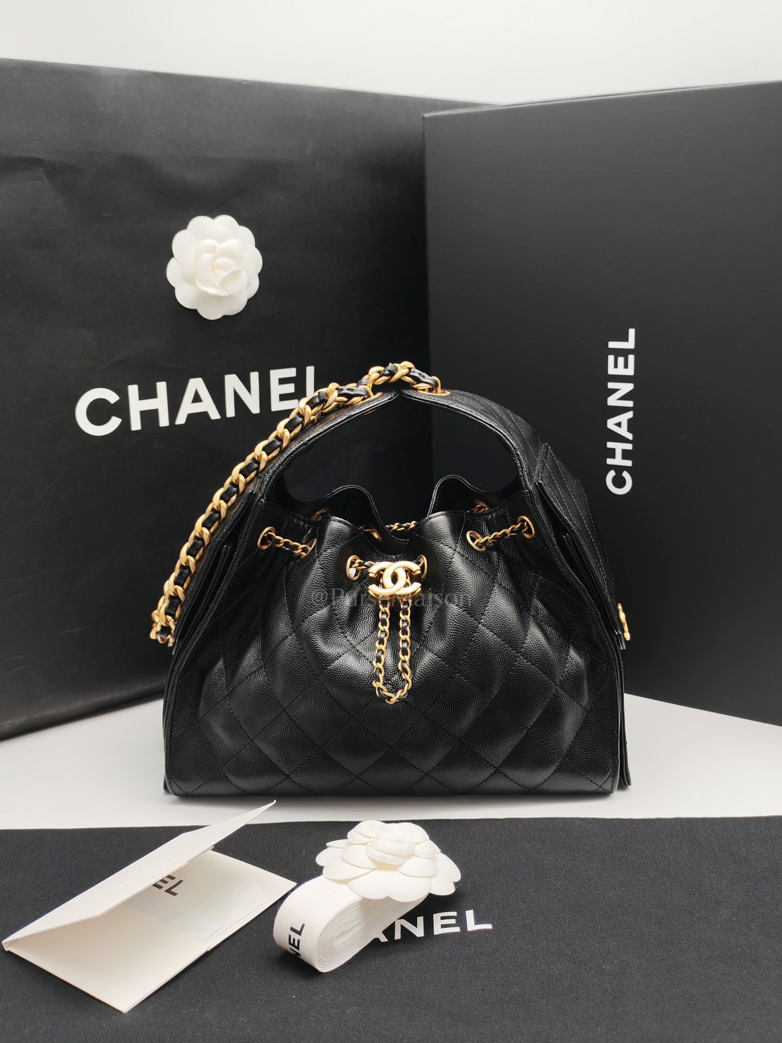 25 Small Shoulder Bag in Black Caviar Leather & Aged Gold Hardware (Microchip)