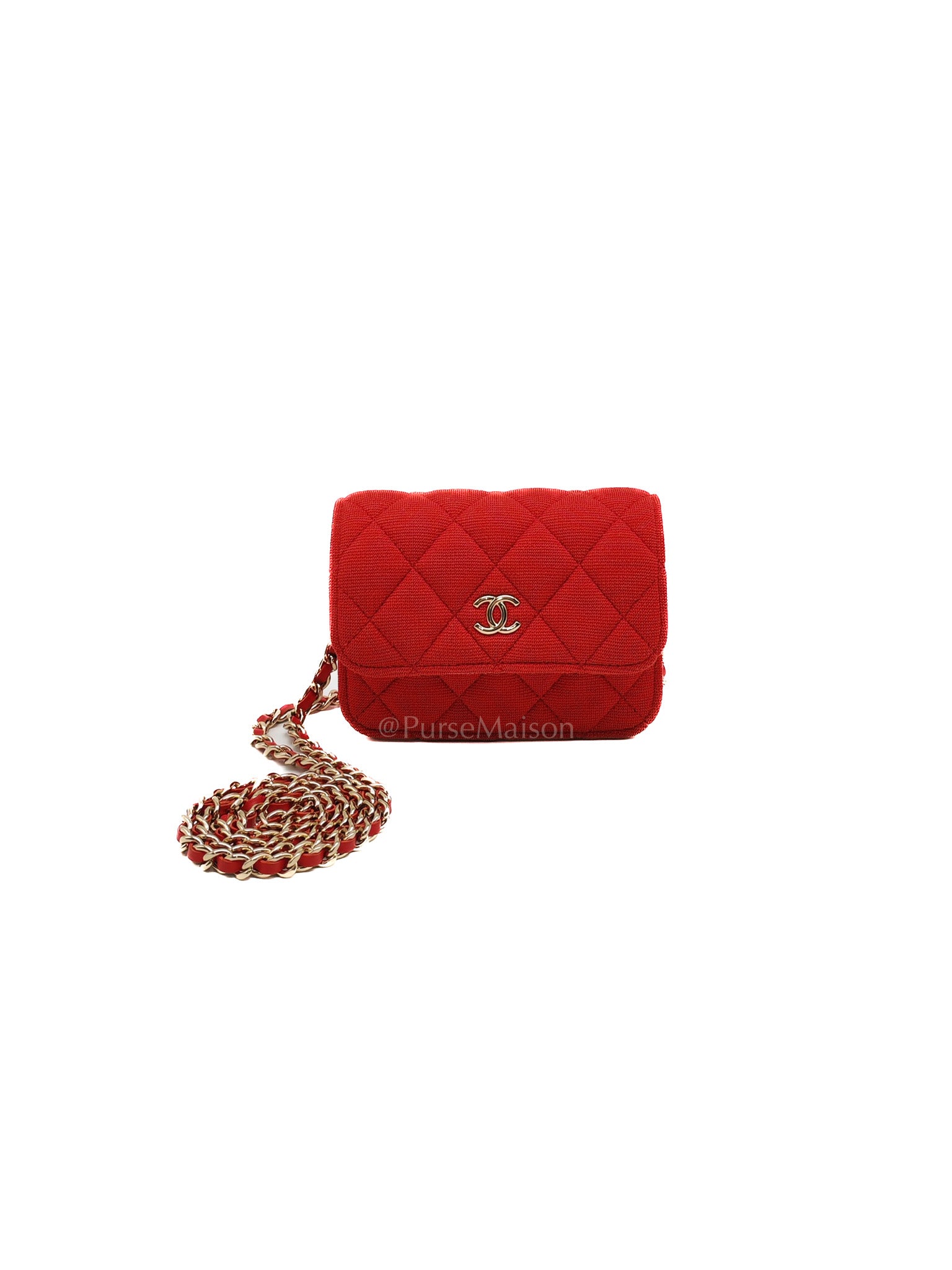 Mini VIP Bag Clutch with Chain in Red Quilted Jersey Fabric & Light Gold Hardware Microchip