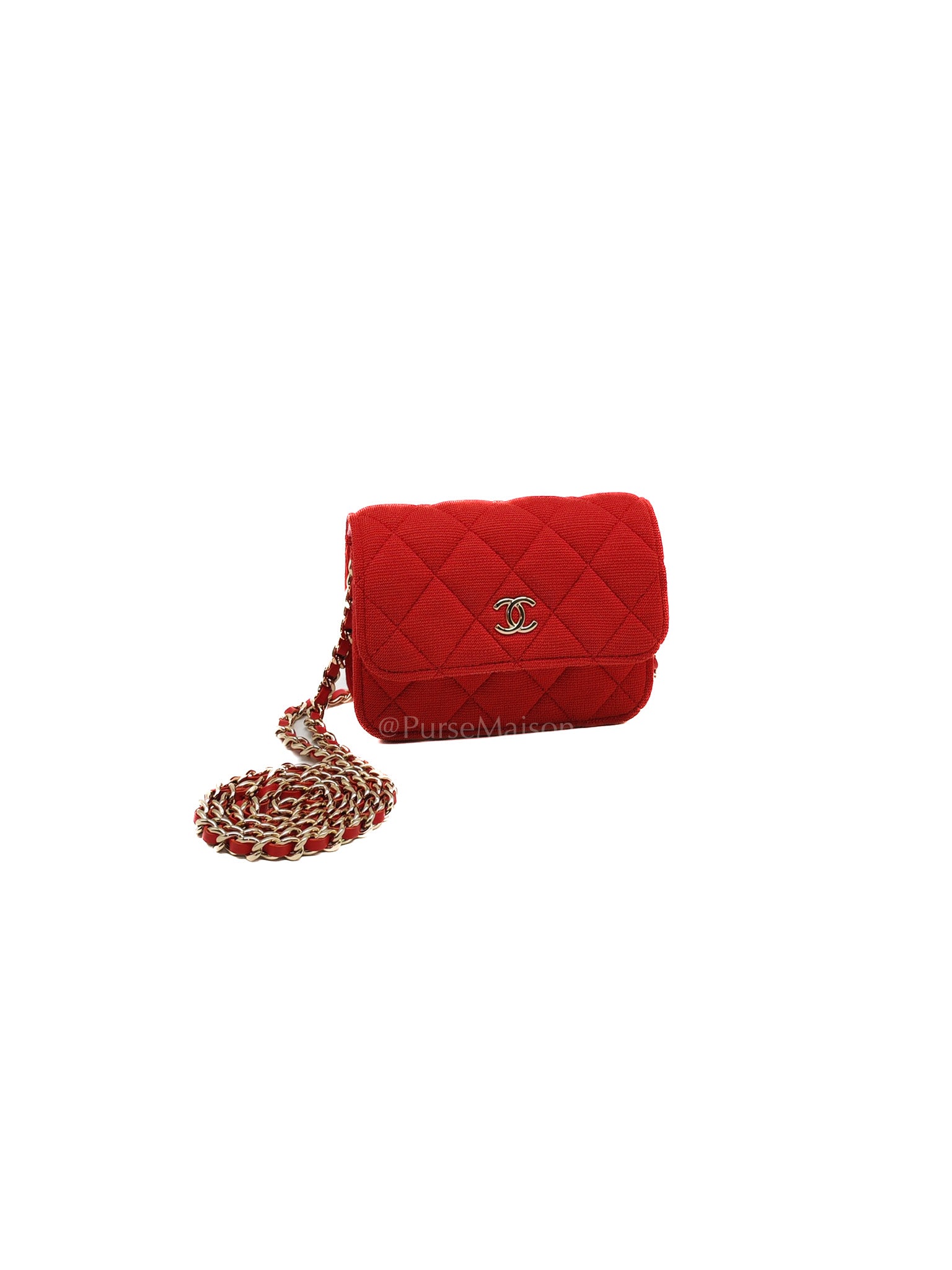 Mini VIP Bag Clutch with Chain in Red Quilted Jersey Fabric & Light Gold Hardware Microchip
