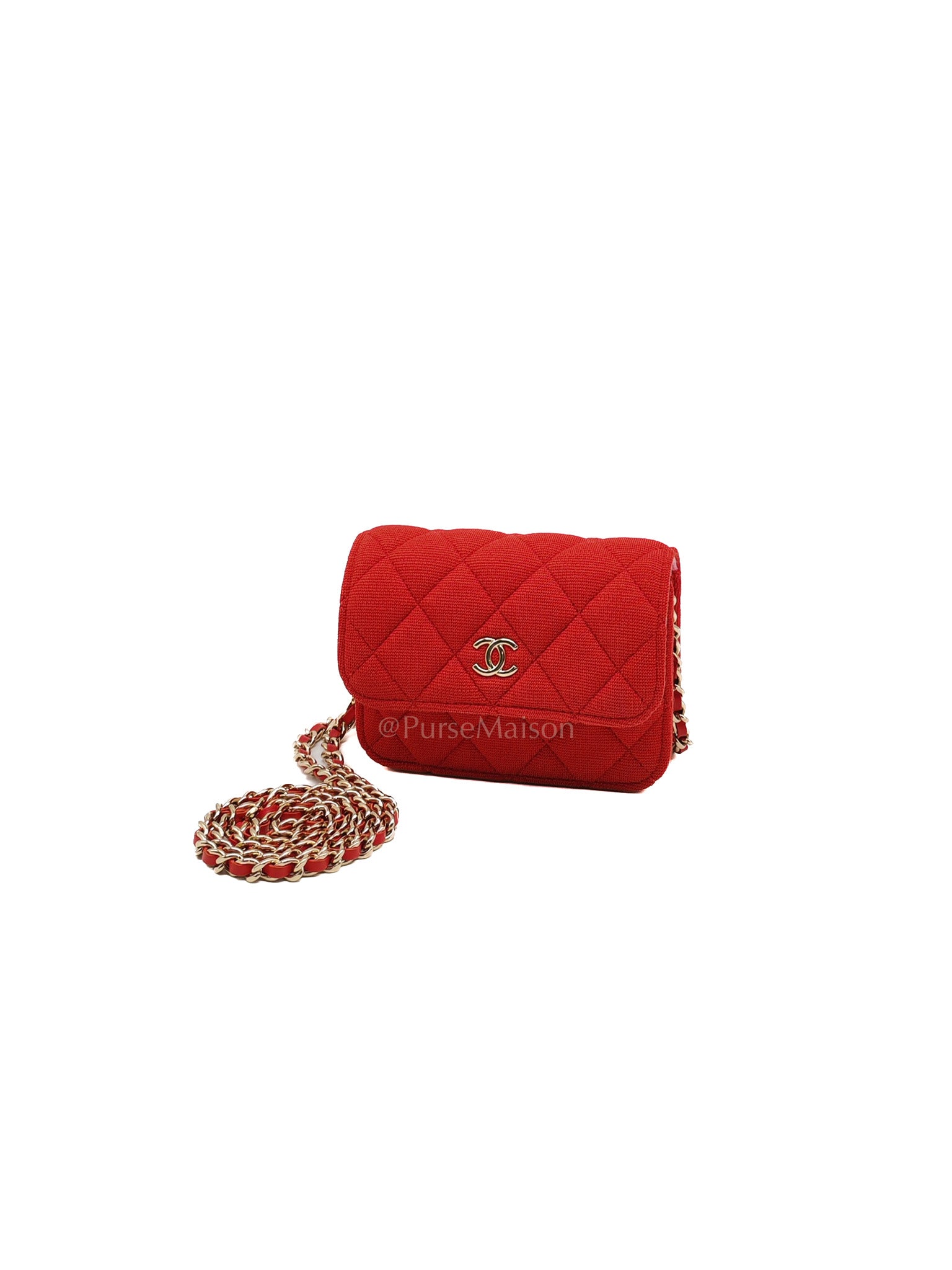 Mini VIP Bag Clutch with Chain in Red Quilted Jersey Fabric & Light Gold Hardware Microchip