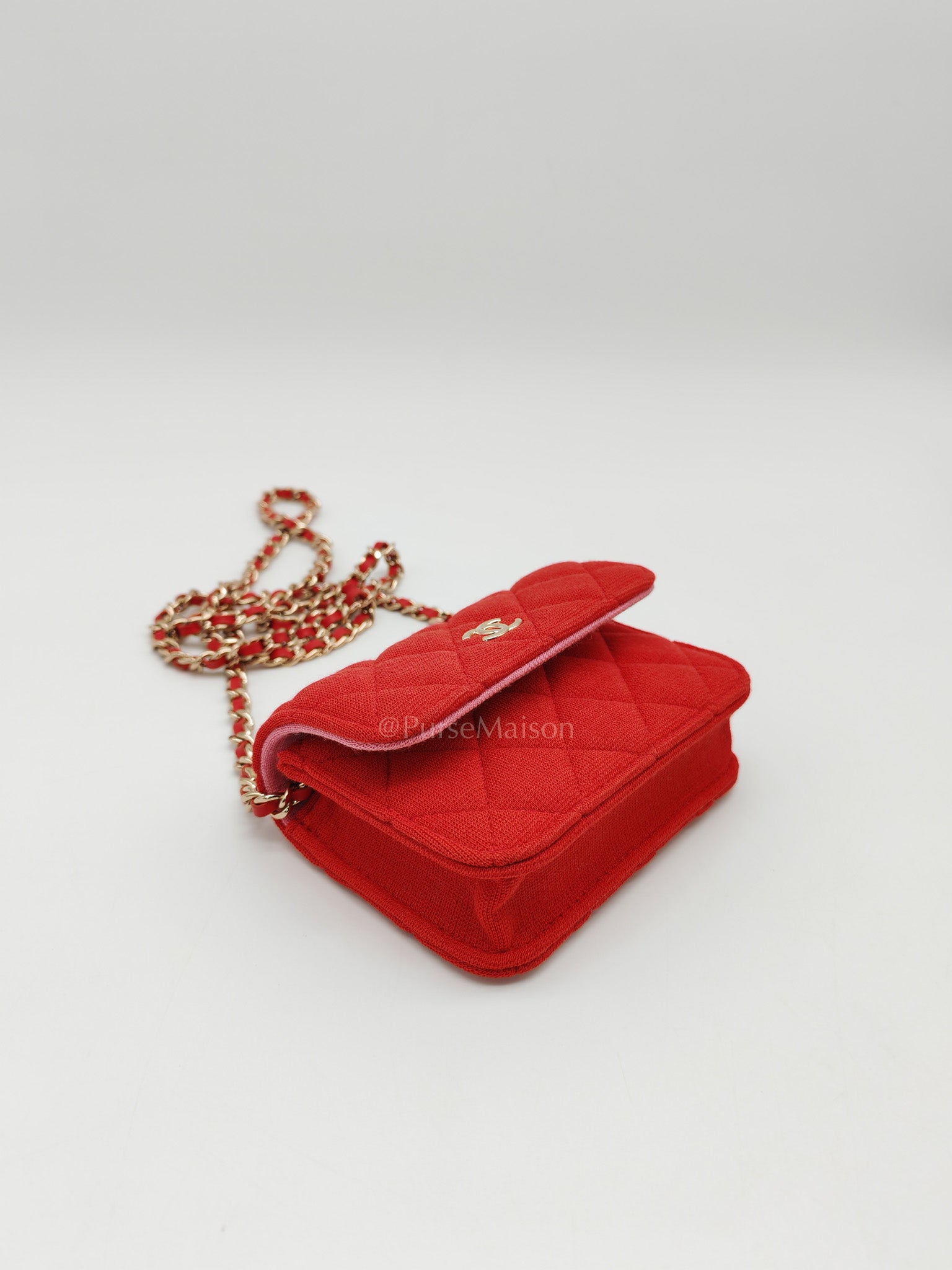 Mini VIP Bag Clutch with Chain in Red Quilted Jersey Fabric & Light Gold Hardware Microchip