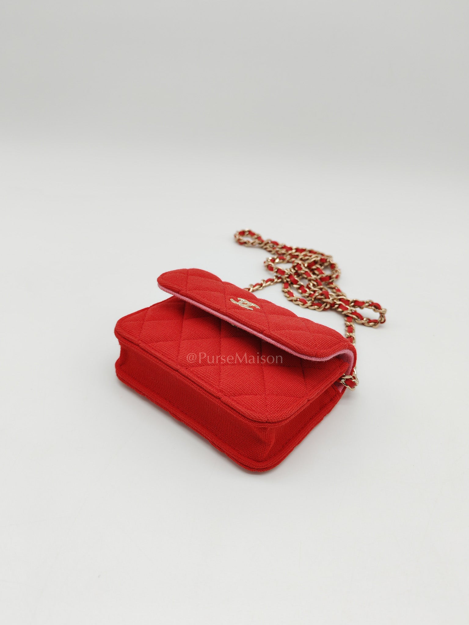 Mini VIP Bag Clutch with Chain in Red Quilted Jersey Fabric & Light Gold Hardware Microchip