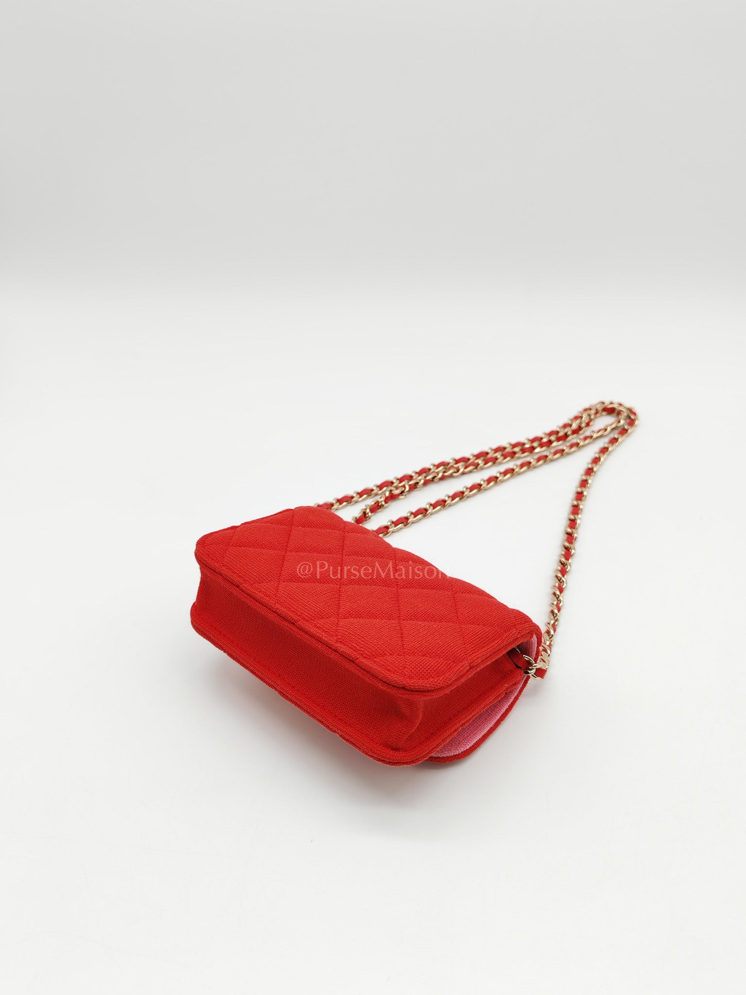 Mini VIP Bag Clutch with Chain in Red Quilted Jersey Fabric & Light Gold Hardware Microchip