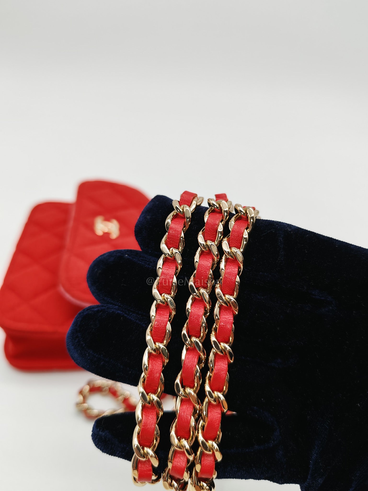 Mini VIP Bag Clutch with Chain in Red Quilted Jersey Fabric & Light Gold Hardware Microchip