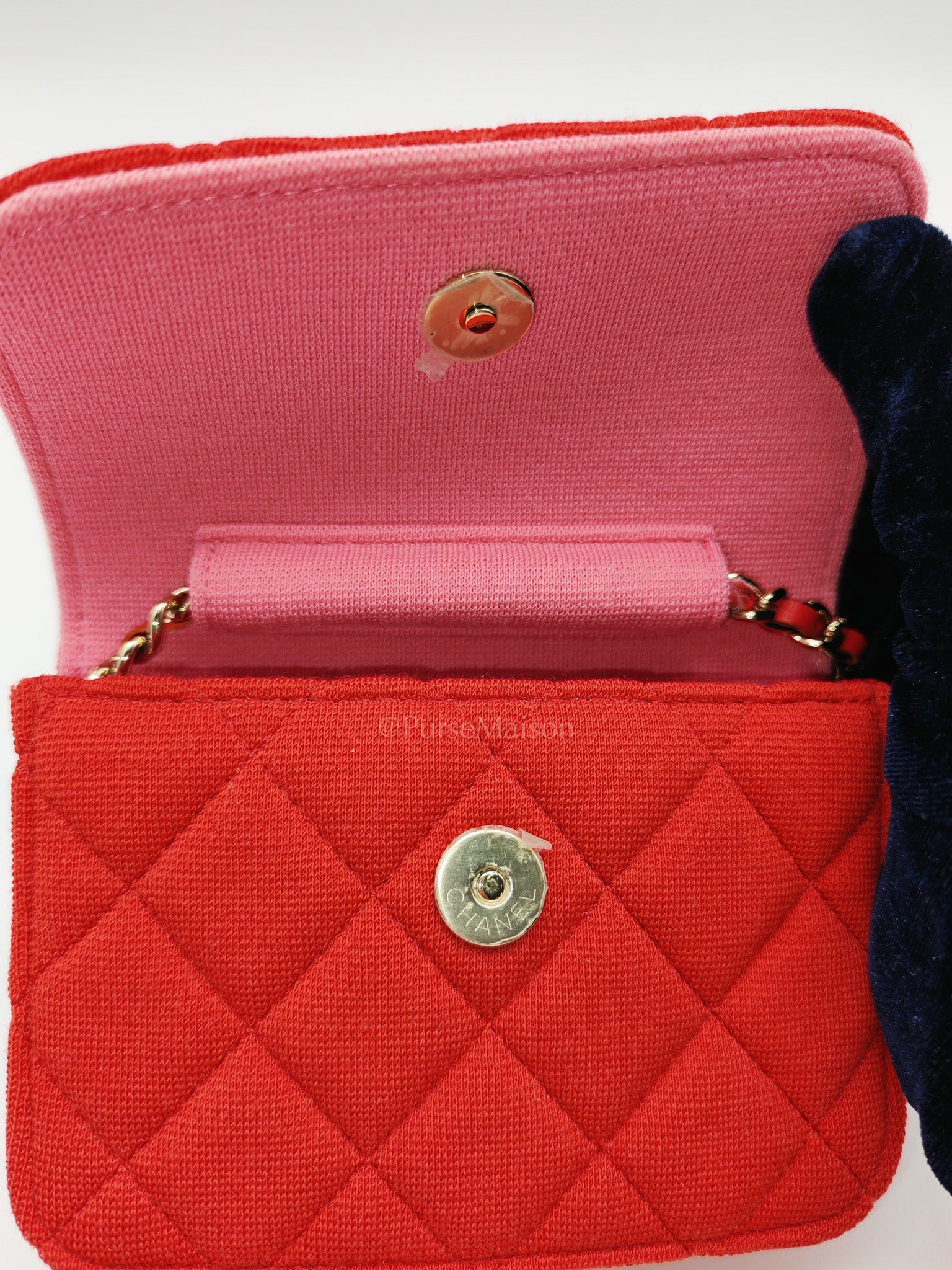 Mini VIP Bag Clutch with Chain in Red Quilted Jersey Fabric & Light Gold Hardware Microchip
