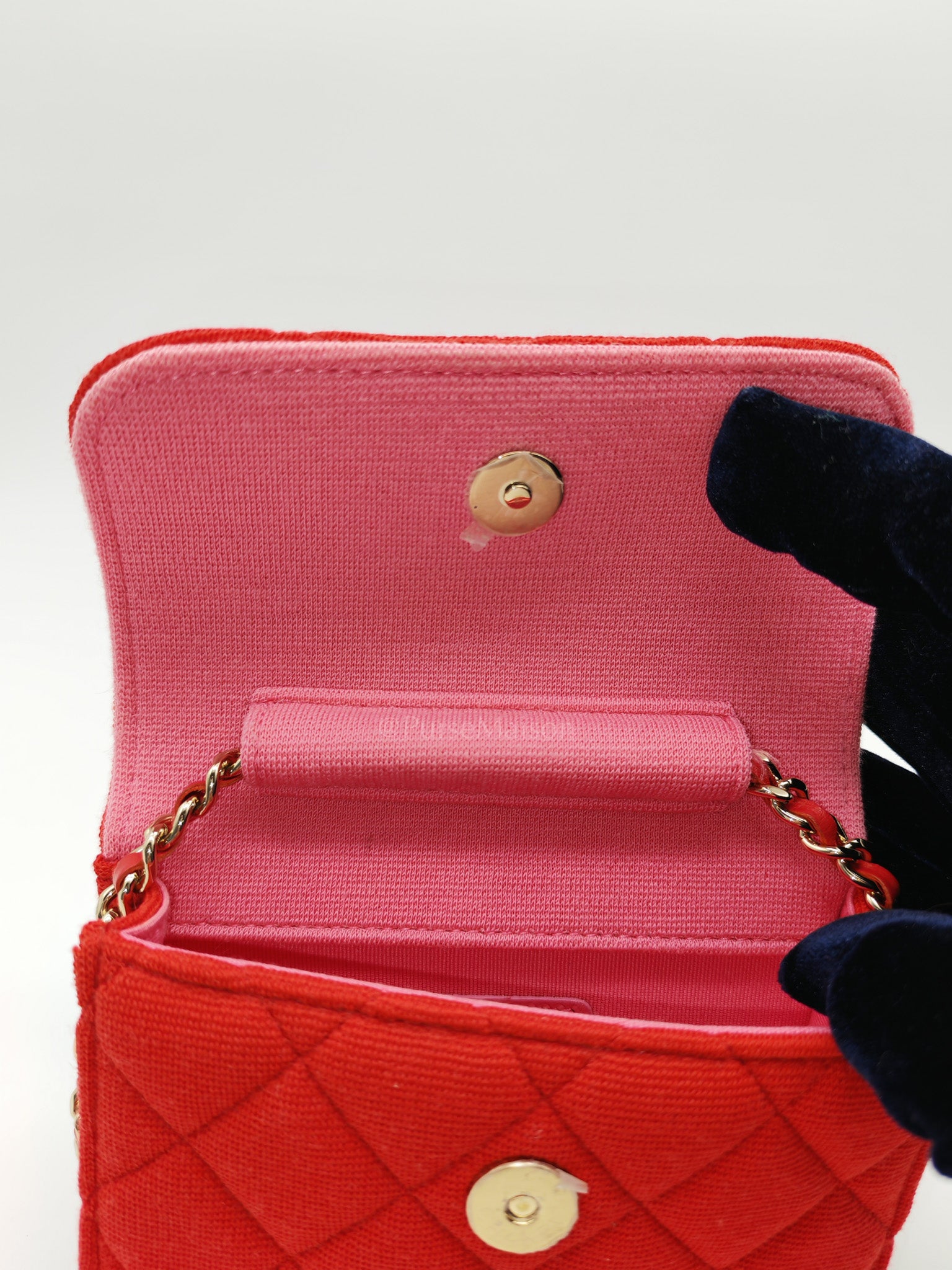 Mini VIP Bag Clutch with Chain in Red Quilted Jersey Fabric & Light Gold Hardware Microchip