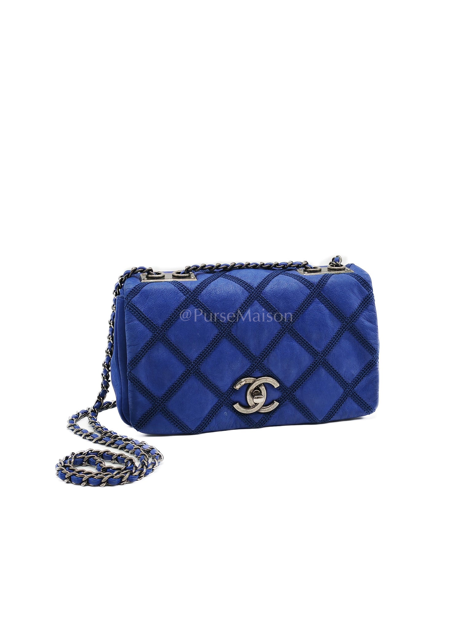 Single Flap in Blue Diamond Embelished Suede Leather and Ruthenium Hardware Series 17 | Purse Maison Luxury Bags Shop