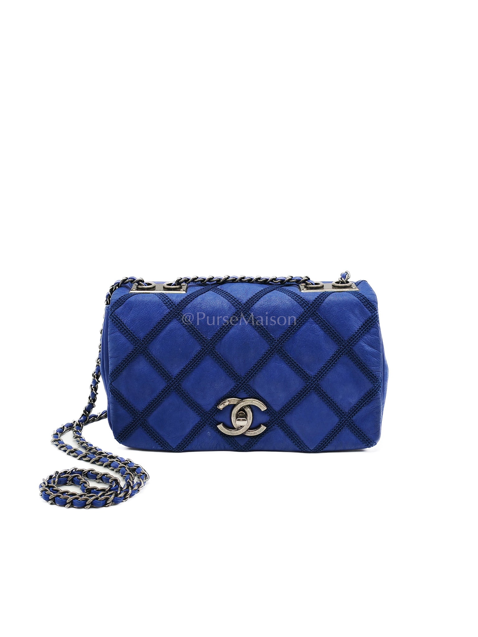 Single Flap in Blue Diamond Embelished Suede Leather and Ruthenium Hardware Series 17 | Purse Maison Luxury Bags Shop