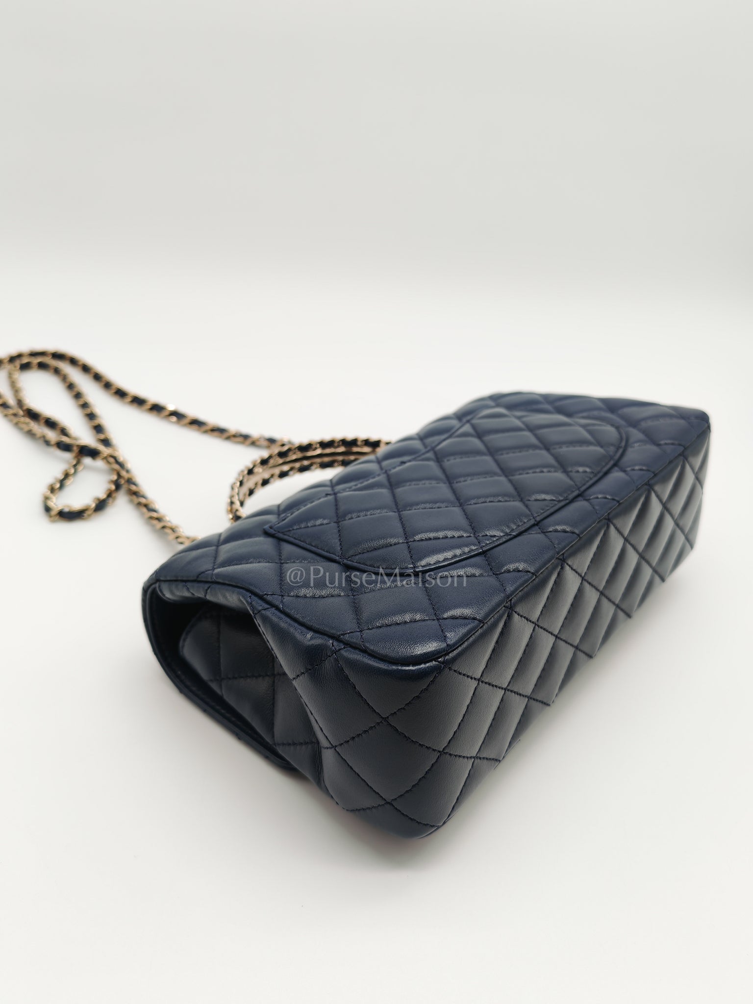 Single Flap in Crystal Top Handle Navy Blue Lambskin Leather and Light Gold Hardware Microchip | Purse Maison Luxury Bags Shop