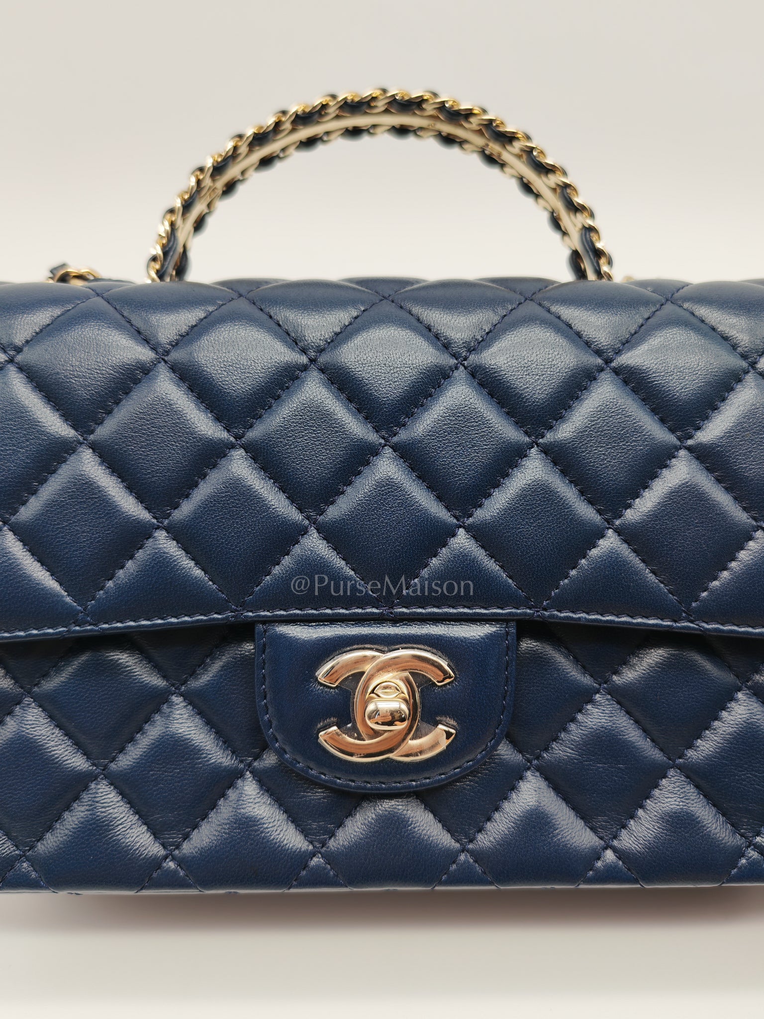 Single Flap in Crystal Top Handle Navy Blue Lambskin Leather and Light Gold Hardware Microchip | Purse Maison Luxury Bags Shop