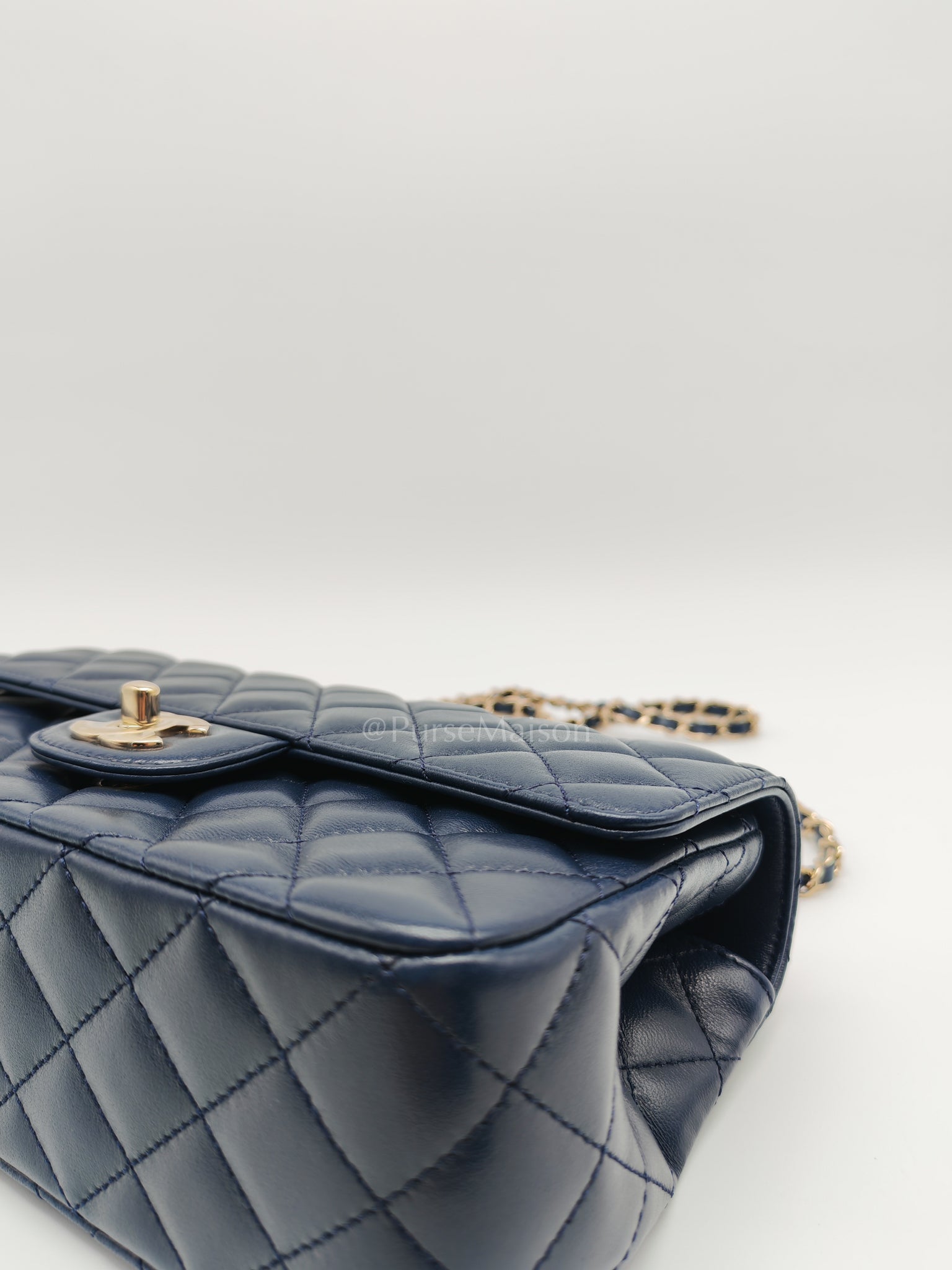 Single Flap in Crystal Top Handle Navy Blue Lambskin Leather and Light Gold Hardware Microchip | Purse Maison Luxury Bags Shop