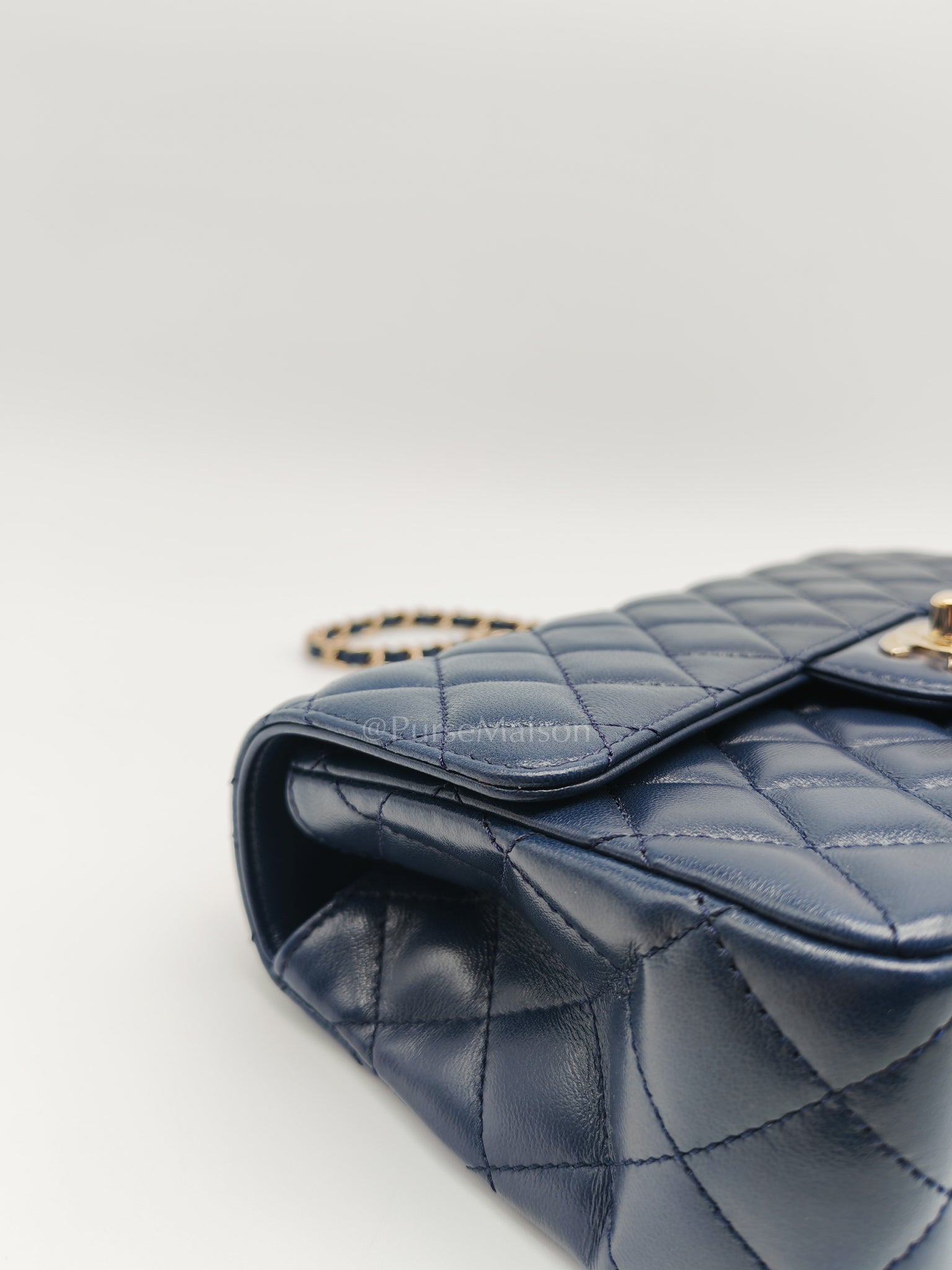 Single Flap in Crystal Top Handle Navy Blue Lambskin Leather and Light Gold Hardware Microchip | Purse Maison Luxury Bags Shop