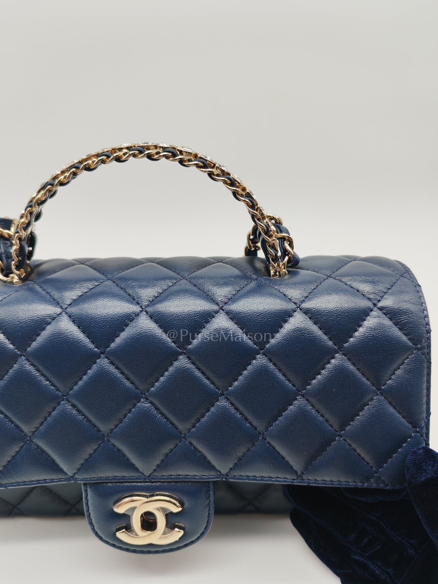 Single Flap in Crystal Top Handle Navy Blue Lambskin Leather and Light Gold Hardware Microchip | Purse Maison Luxury Bags Shop
