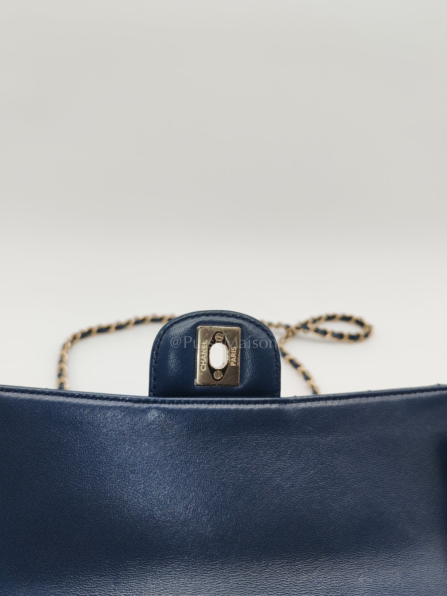 Single Flap in Crystal Top Handle Navy Blue Lambskin Leather and Light Gold Hardware Microchip | Purse Maison Luxury Bags Shop