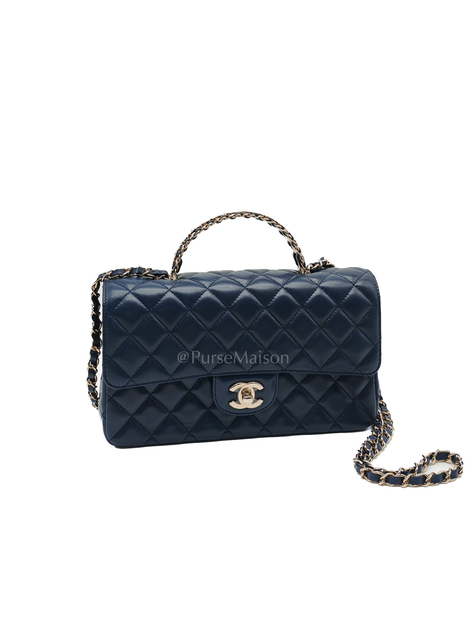 Single Flap in Crystal Top Handle Navy Blue Lambskin Leather and Light Gold Hardware Microchip | Purse Maison Luxury Bags Shop
