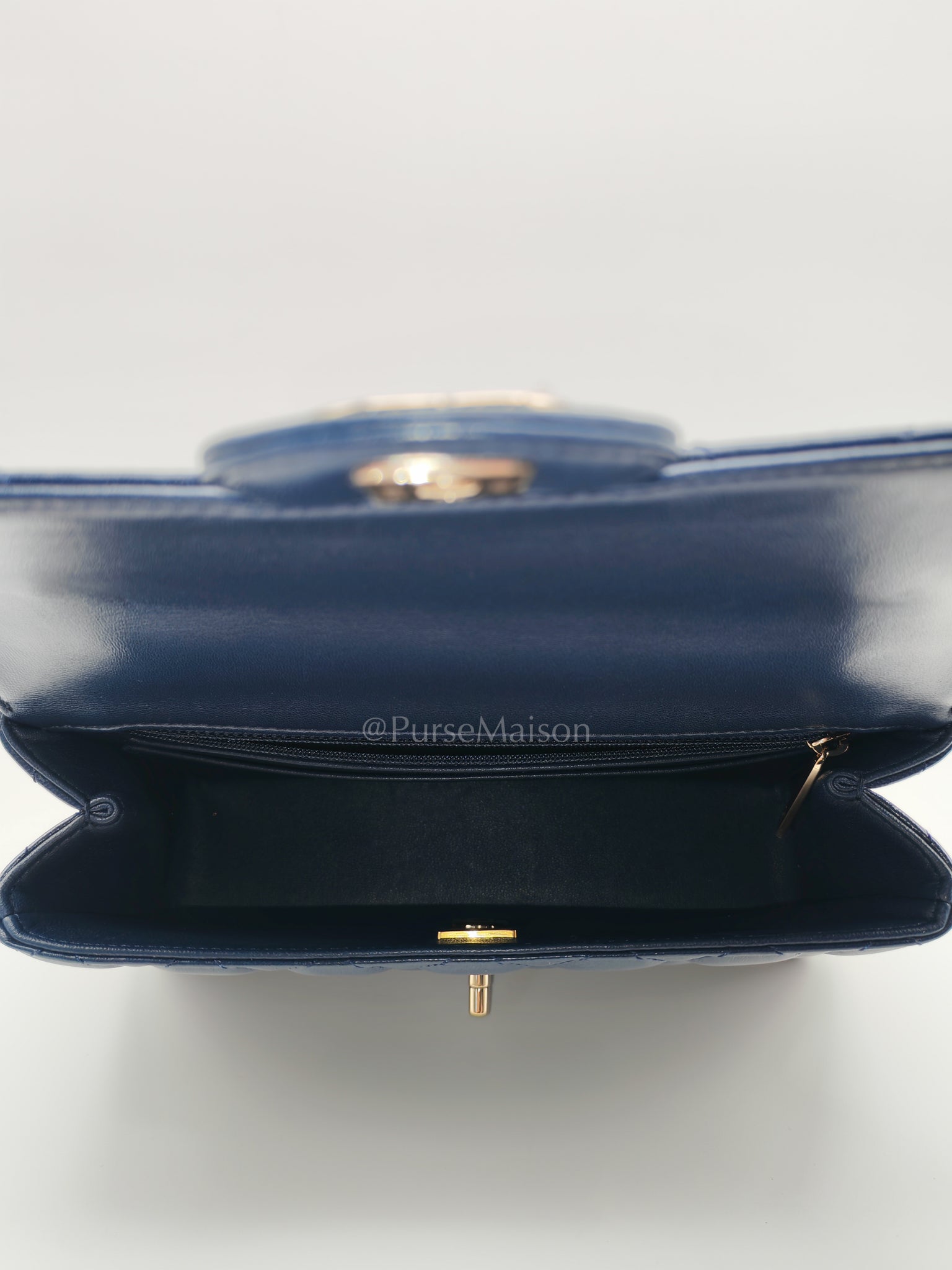 Single Flap in Crystal Top Handle Navy Blue Lambskin Leather and Light Gold Hardware Microchip | Purse Maison Luxury Bags Shop