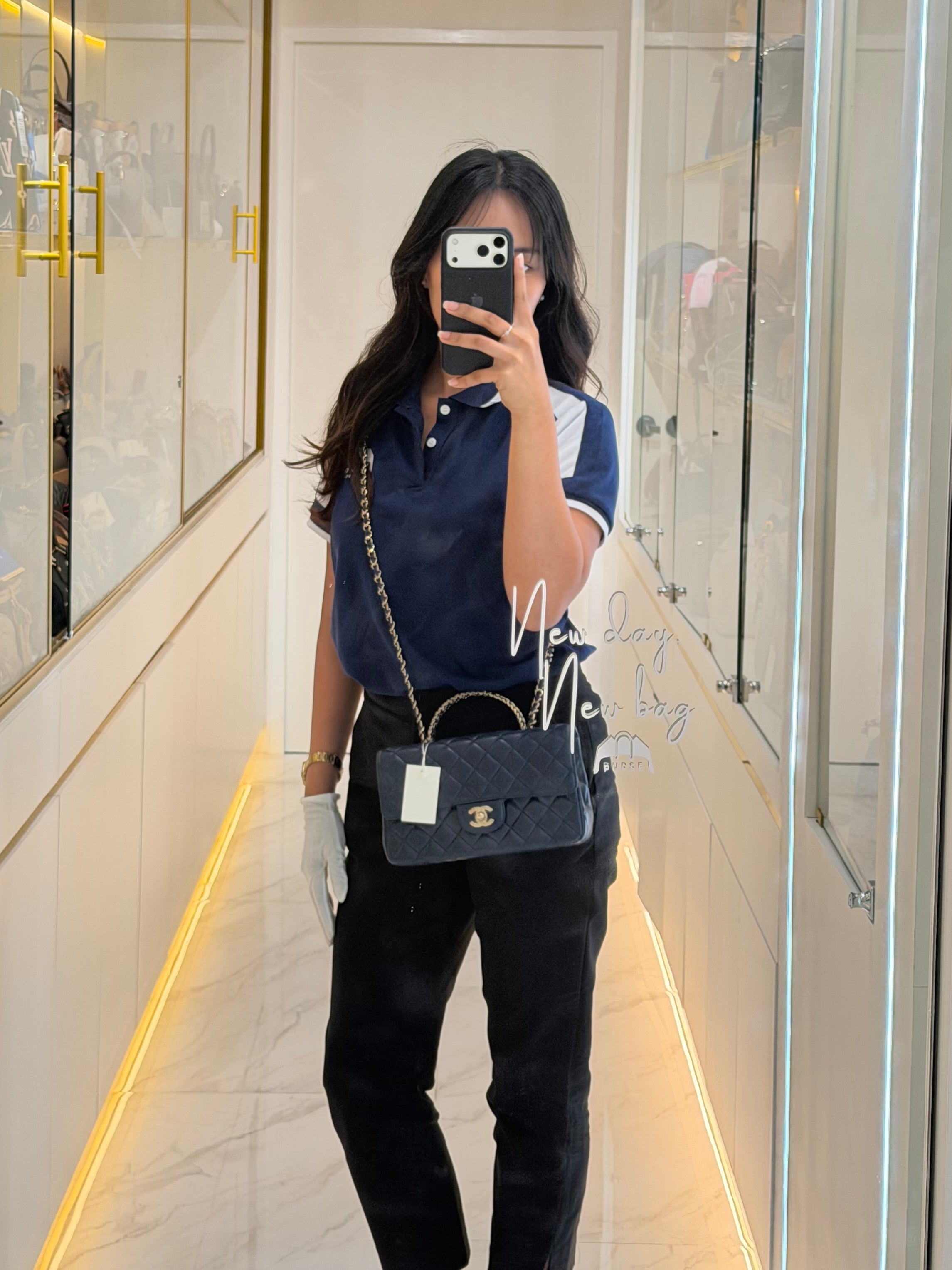 Single Flap in Crystal Top Handle Navy Blue Lambskin Leather and Light Gold Hardware Microchip | Purse Maison Luxury Bags Shop