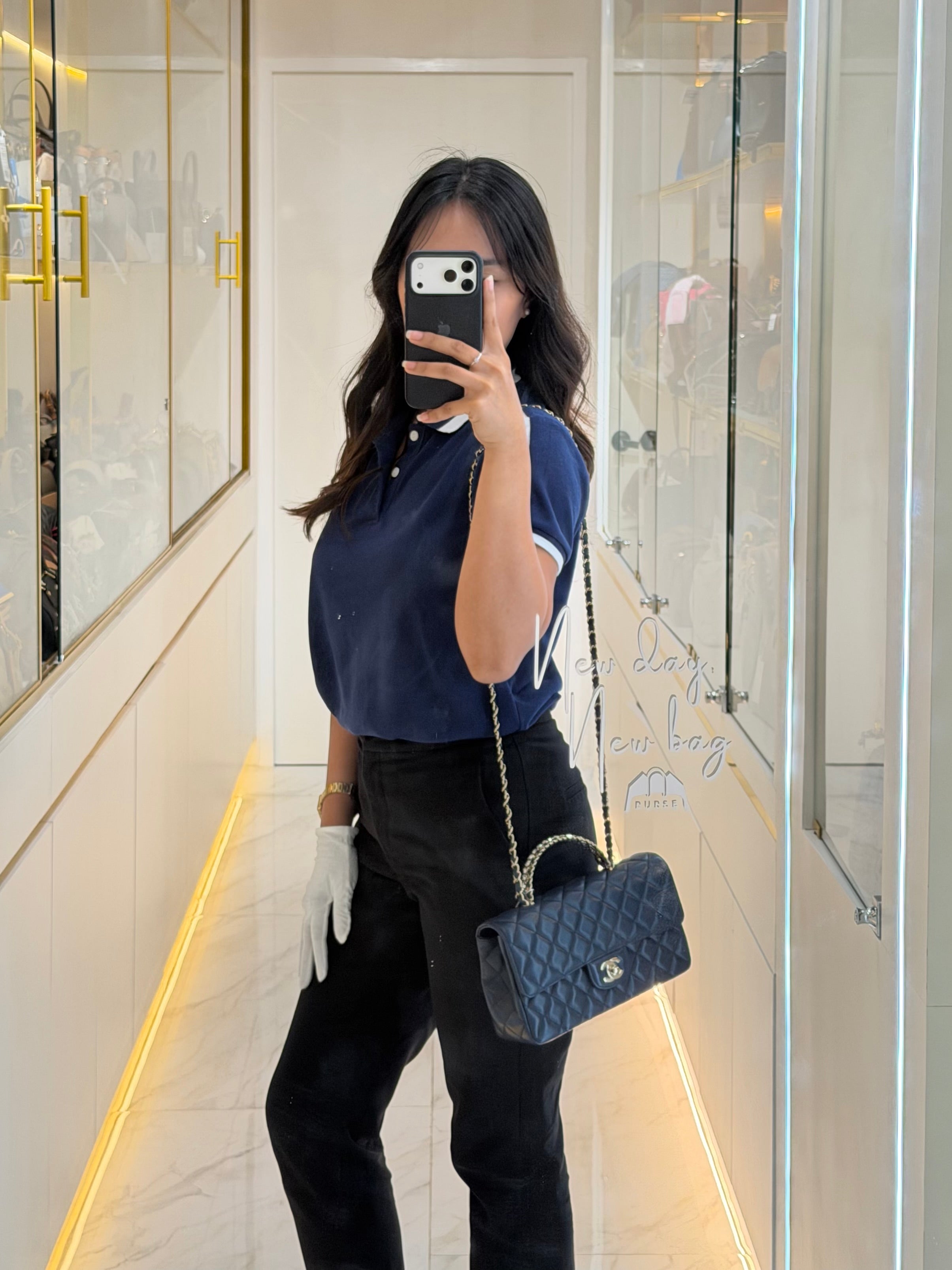 Single Flap in Crystal Top Handle Navy Blue Lambskin Leather and Light Gold Hardware Microchip | Purse Maison Luxury Bags Shop