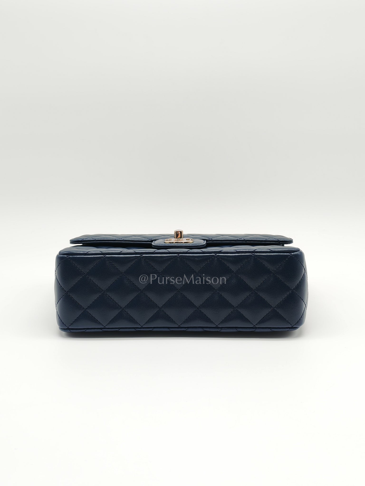 Single Flap in Crystal Top Handle Navy Blue Lambskin Leather and Light Gold Hardware Microchip | Purse Maison Luxury Bags Shop