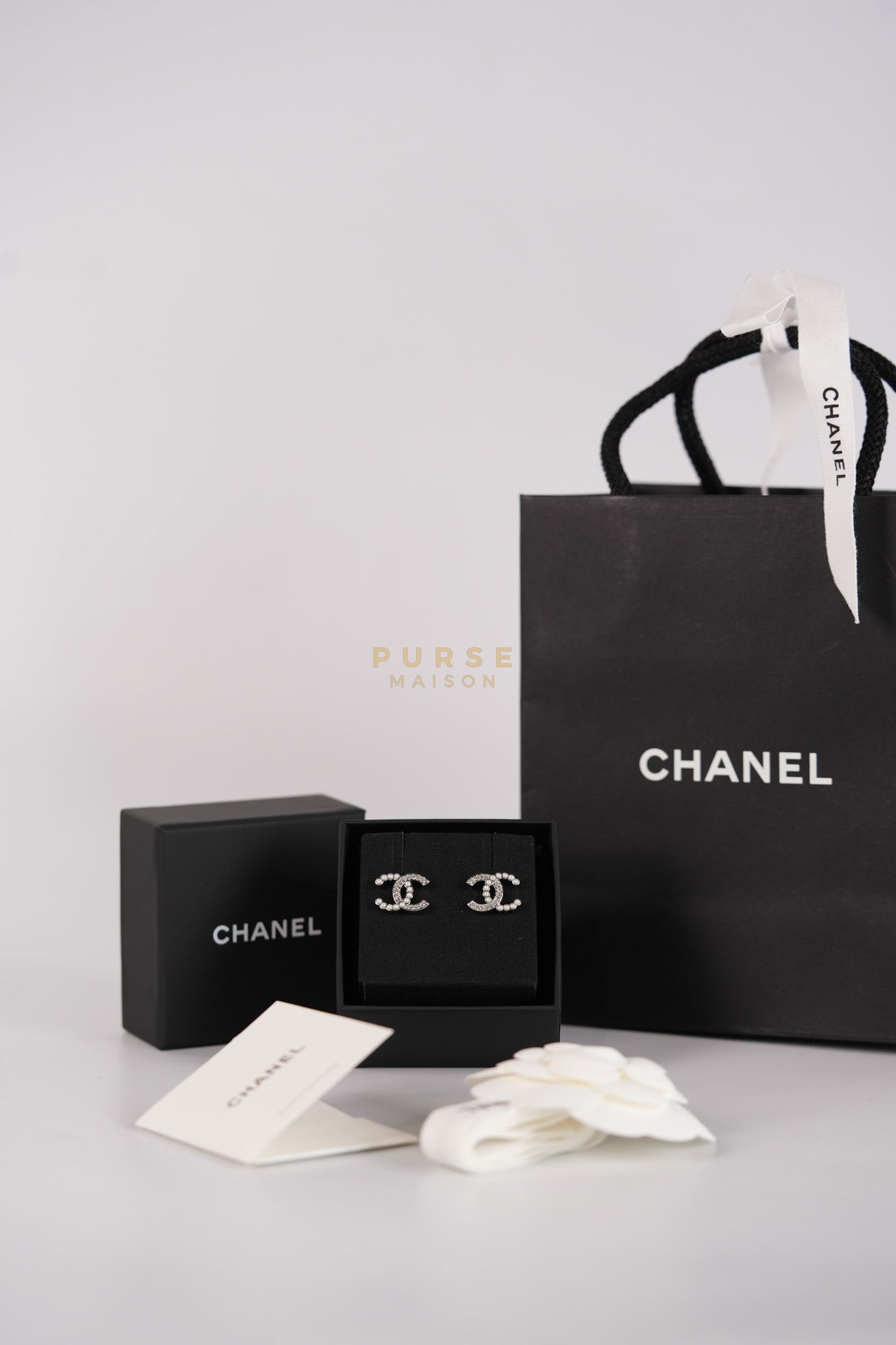 Small CC Pearl Earrings in Silver Hardware | Purse Maison Luxury Bags Shop