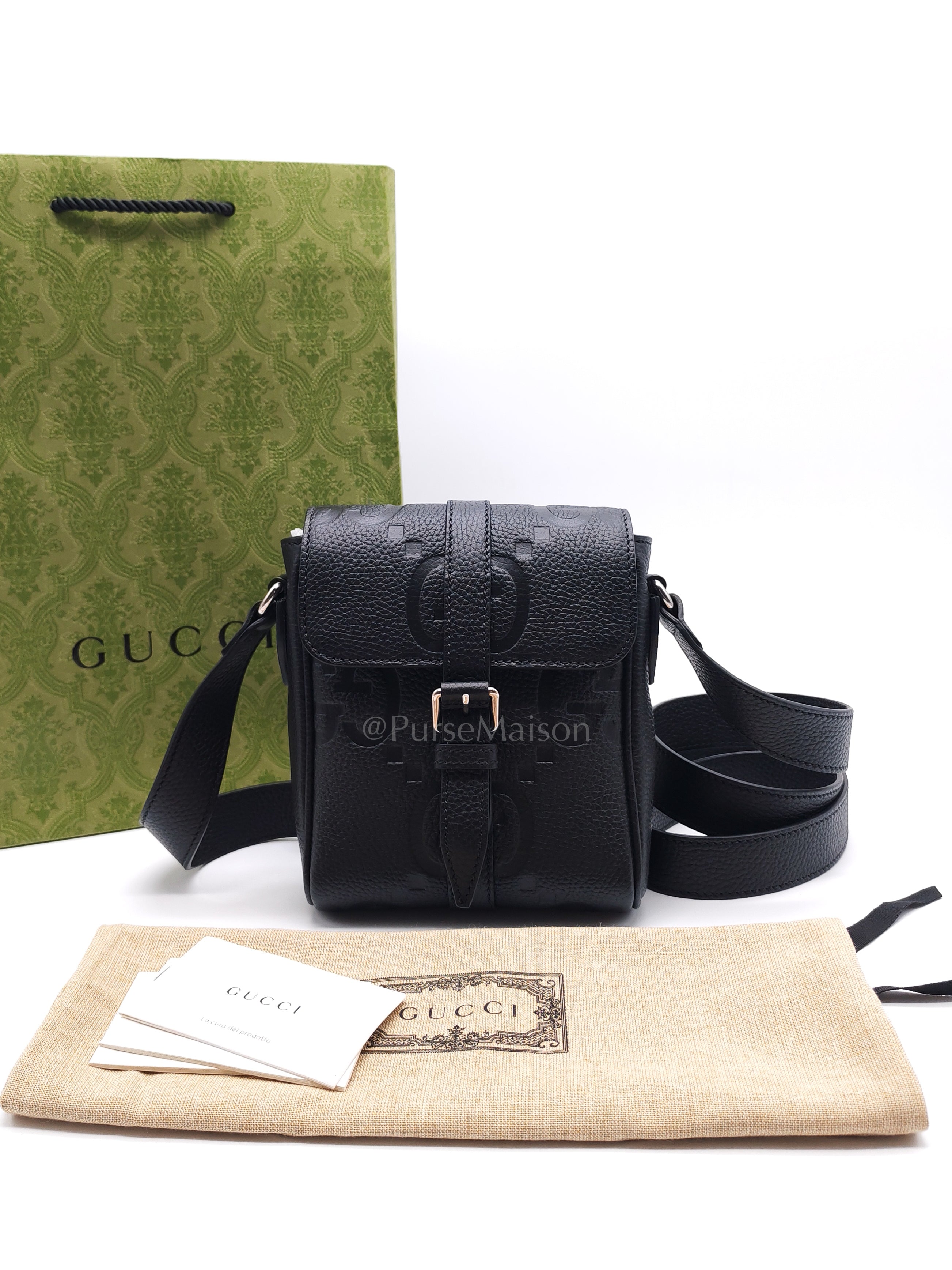 Small Jumbo GG Messenger Bag in Black Grained Calfskin Leather & Silver Hardware | Purse Maison Luxury Bags Shop