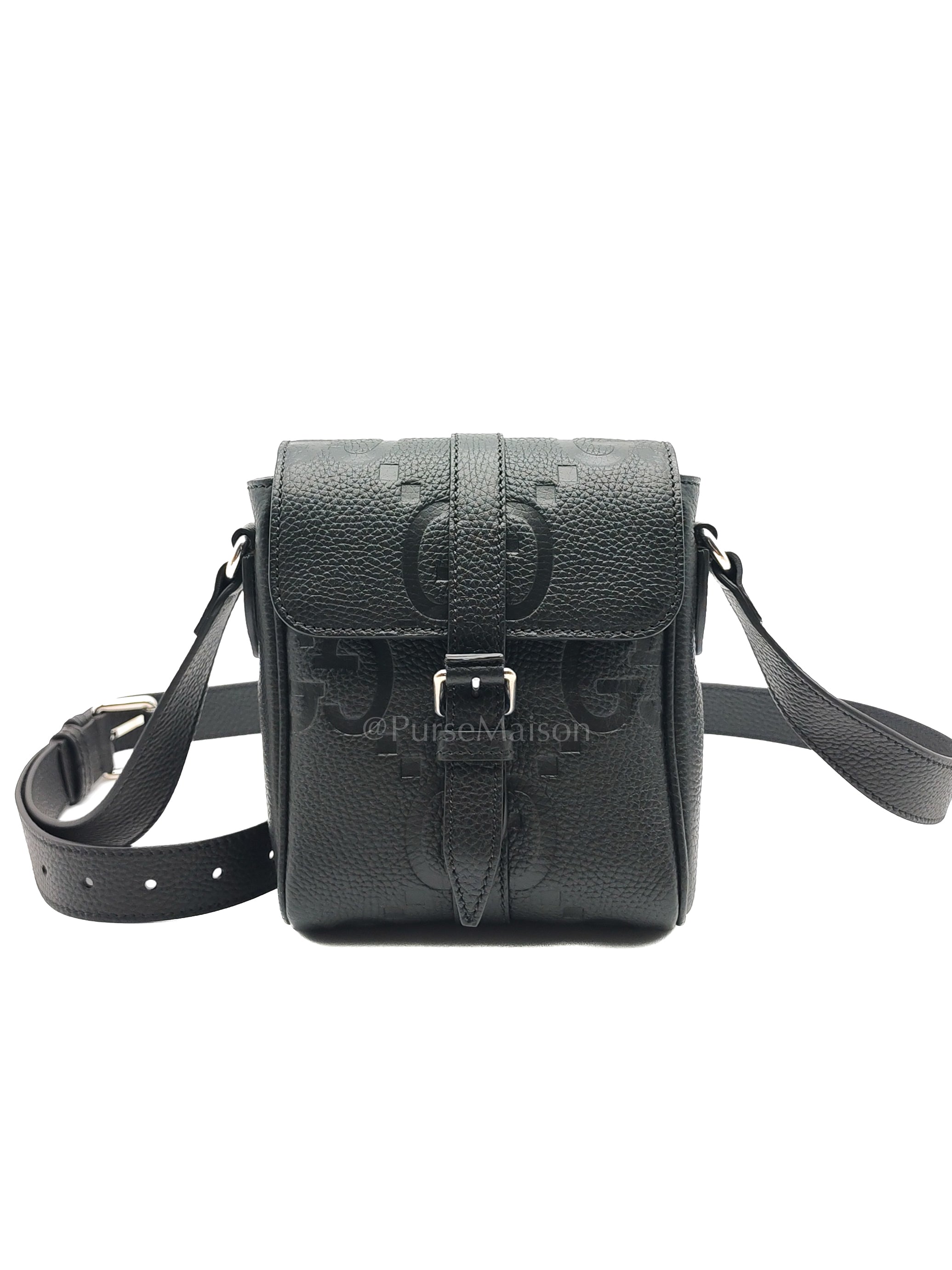 Small Jumbo GG Messenger Bag in Black Grained Calfskin Leather & Silver Hardware | Purse Maison Luxury Bags Shop