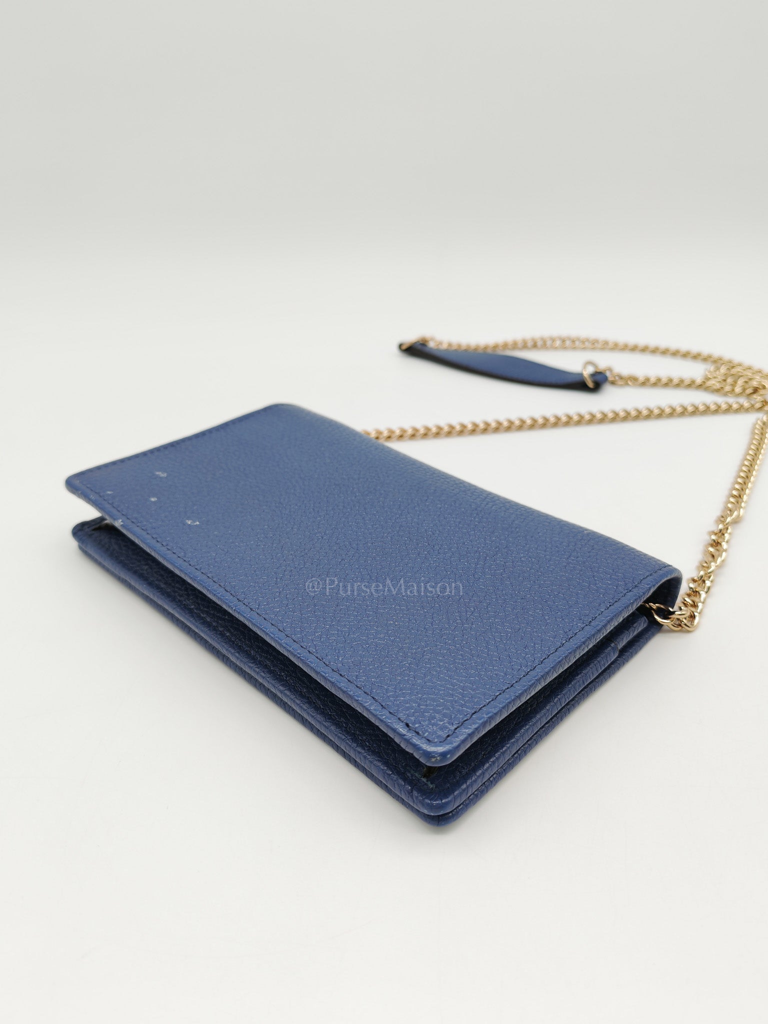 Soho Wallet on Chain in Blue Grained Leather Light Gold Hardware | Purse Maison Luxury Bags Shop