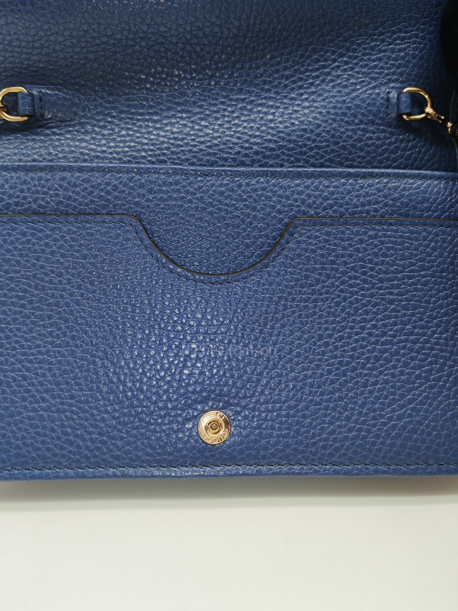 Soho Wallet on Chain in Blue Grained Leather Light Gold Hardware | Purse Maison Luxury Bags Shop
