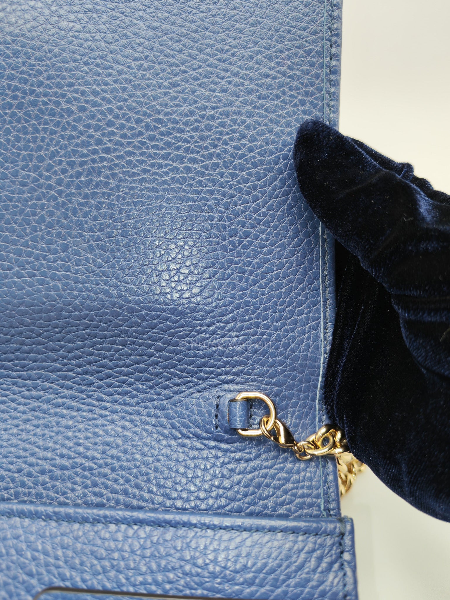 Soho Wallet on Chain in Blue Grained Leather Light Gold Hardware | Purse Maison Luxury Bags Shop