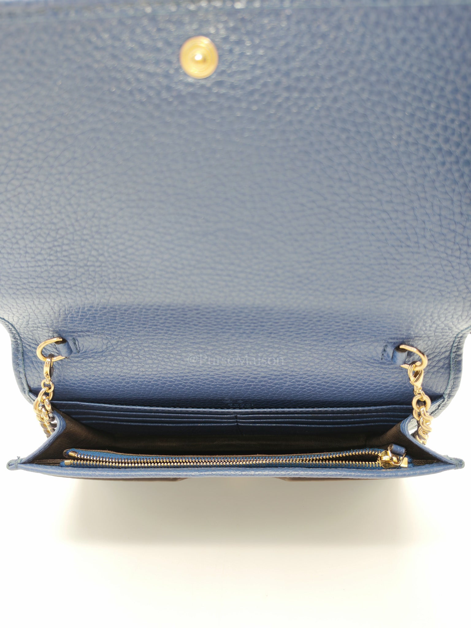 Soho Wallet on Chain in Blue Grained Leather Light Gold Hardware | Purse Maison Luxury Bags Shop