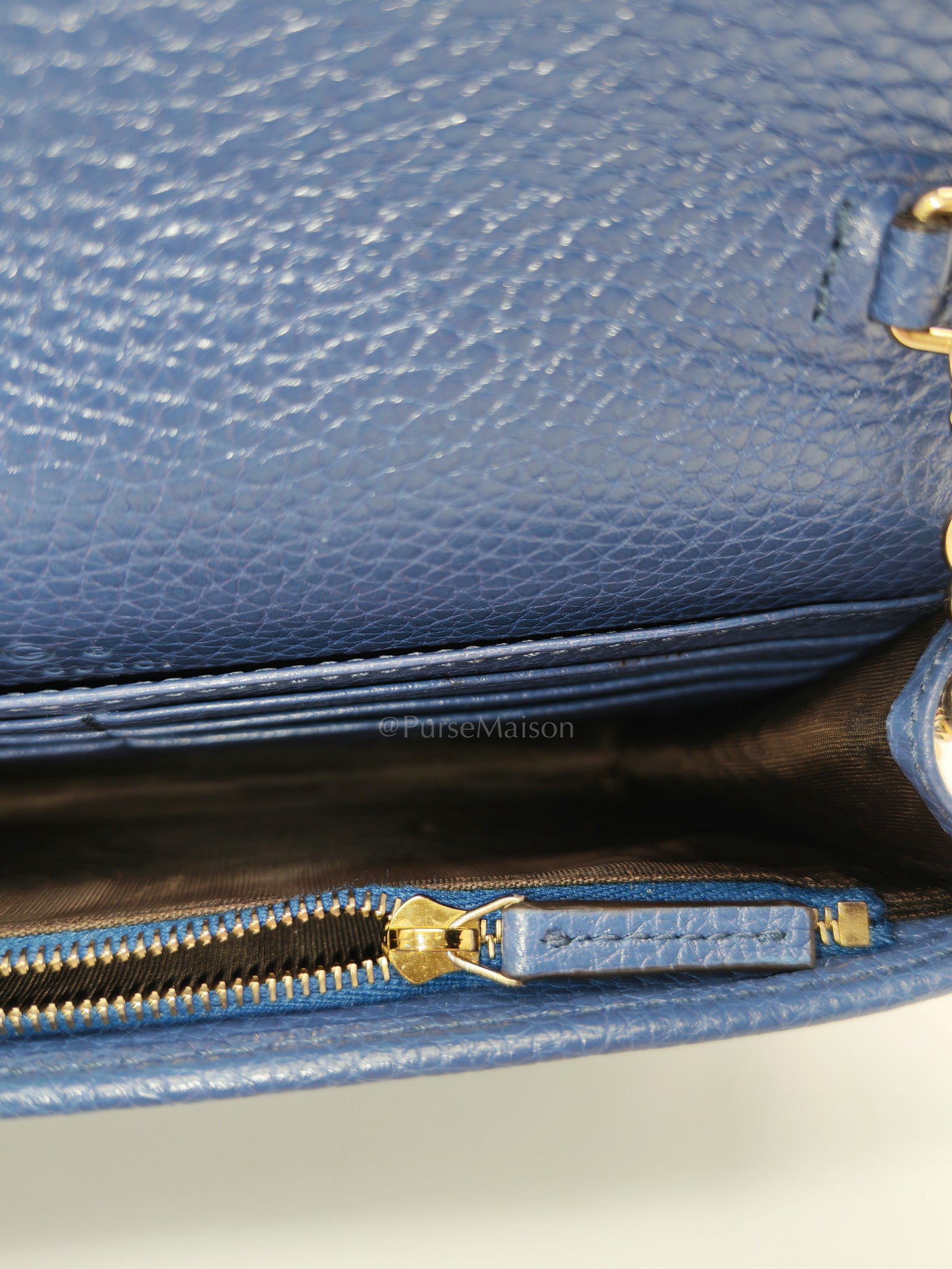 Soho Wallet on Chain in Blue Grained Leather Light Gold Hardware | Purse Maison Luxury Bags Shop