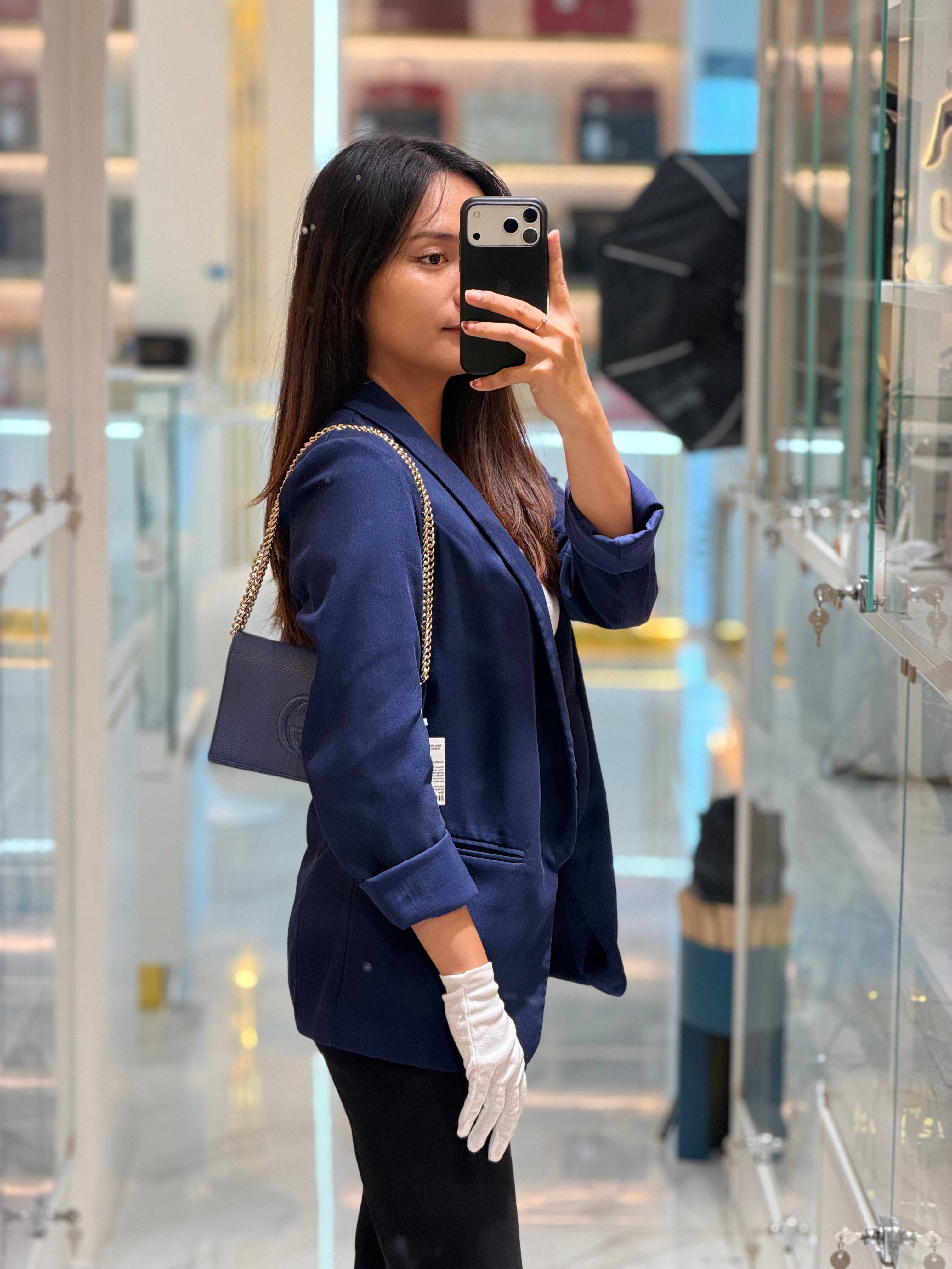 Soho Wallet on Chain in Blue Grained Leather Light Gold Hardware | Purse Maison Luxury Bags Shop