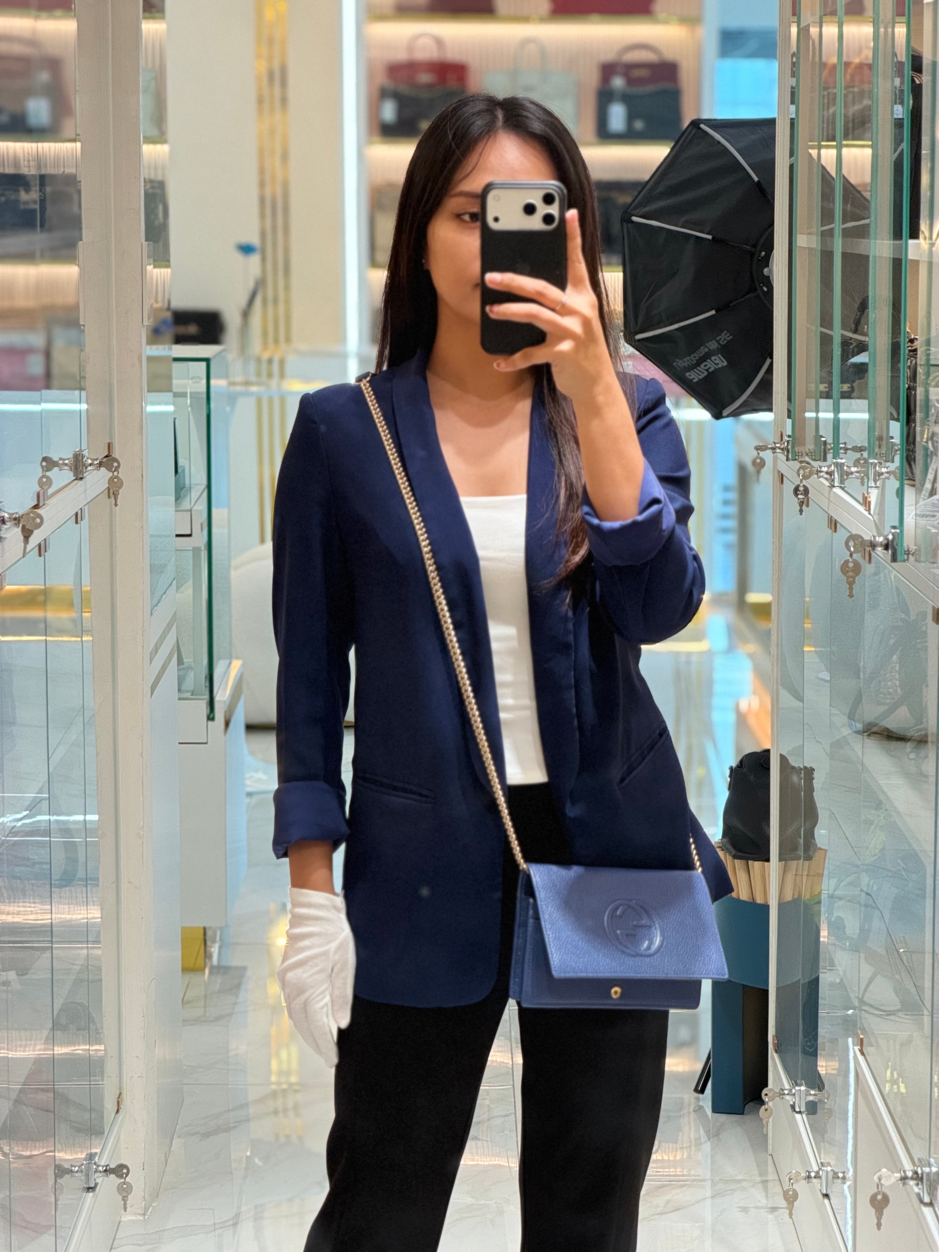 Soho Wallet on Chain in Blue Grained Leather Light Gold Hardware | Purse Maison Luxury Bags Shop