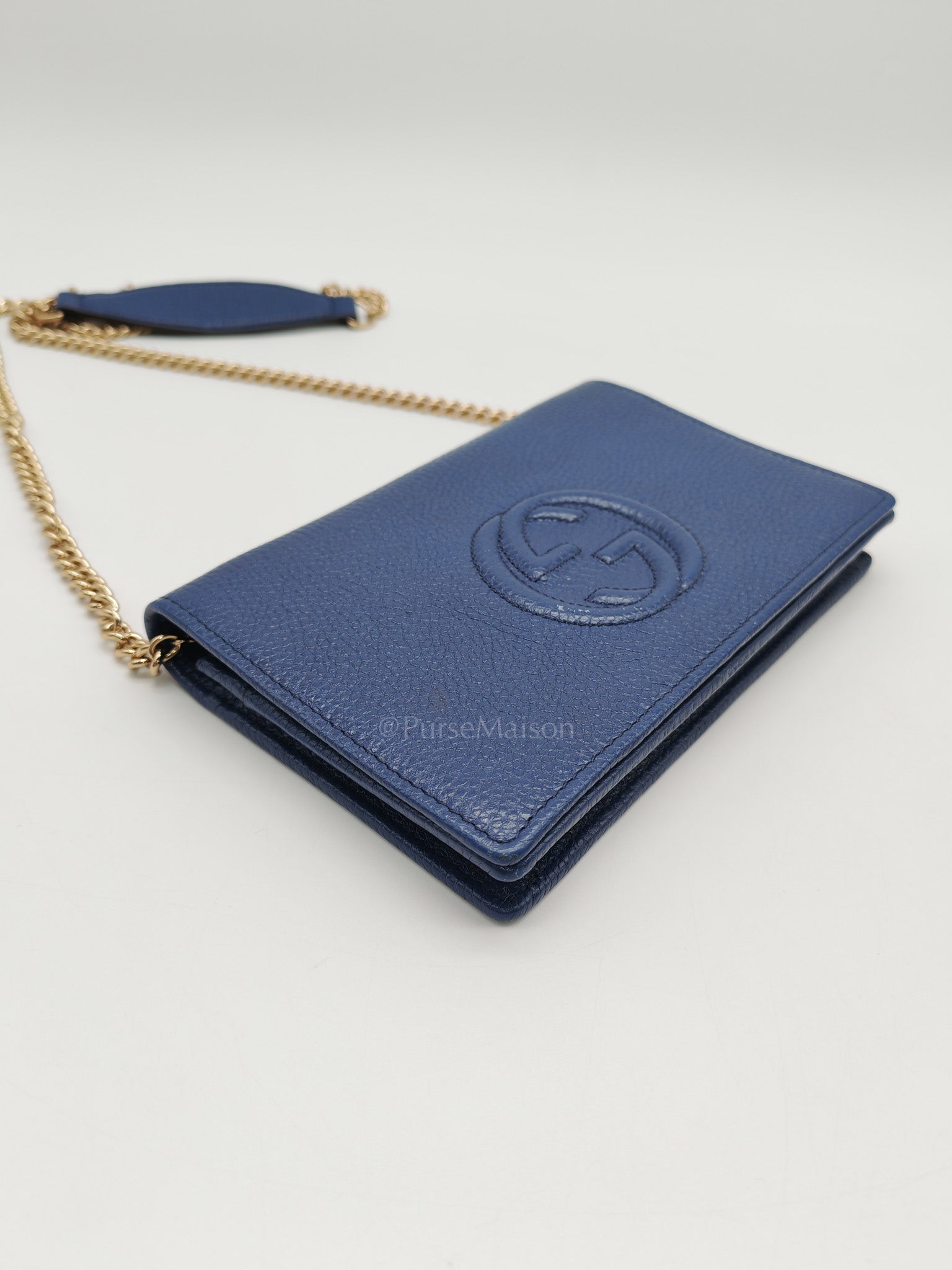 Soho Wallet on Chain in Blue Grained Leather Light Gold Hardware | Purse Maison Luxury Bags Shop