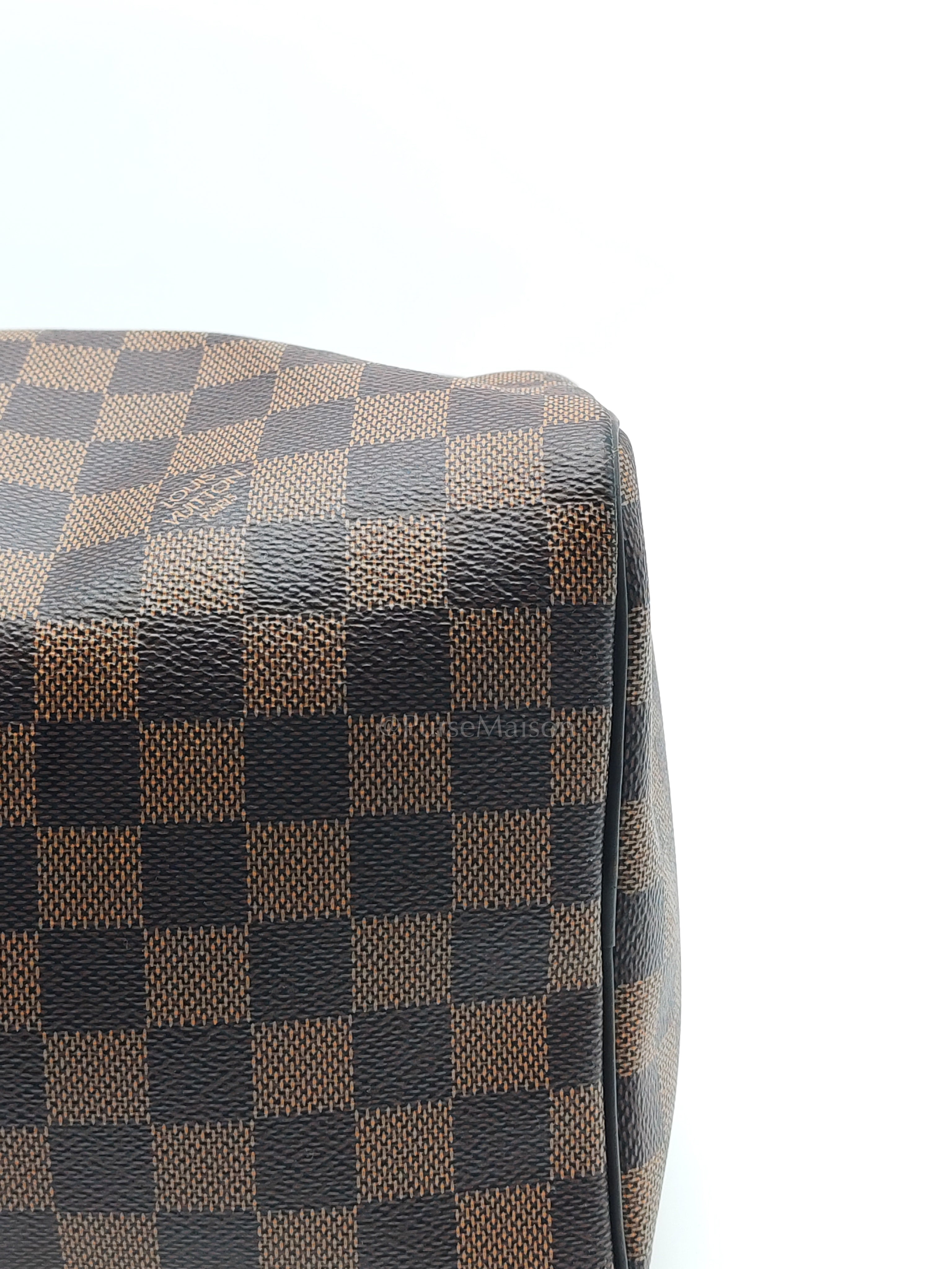 Speedy 30 in Damier Ebene Canvas & Gold Hardware Microchip | Purse Maison Luxury Bags Shop