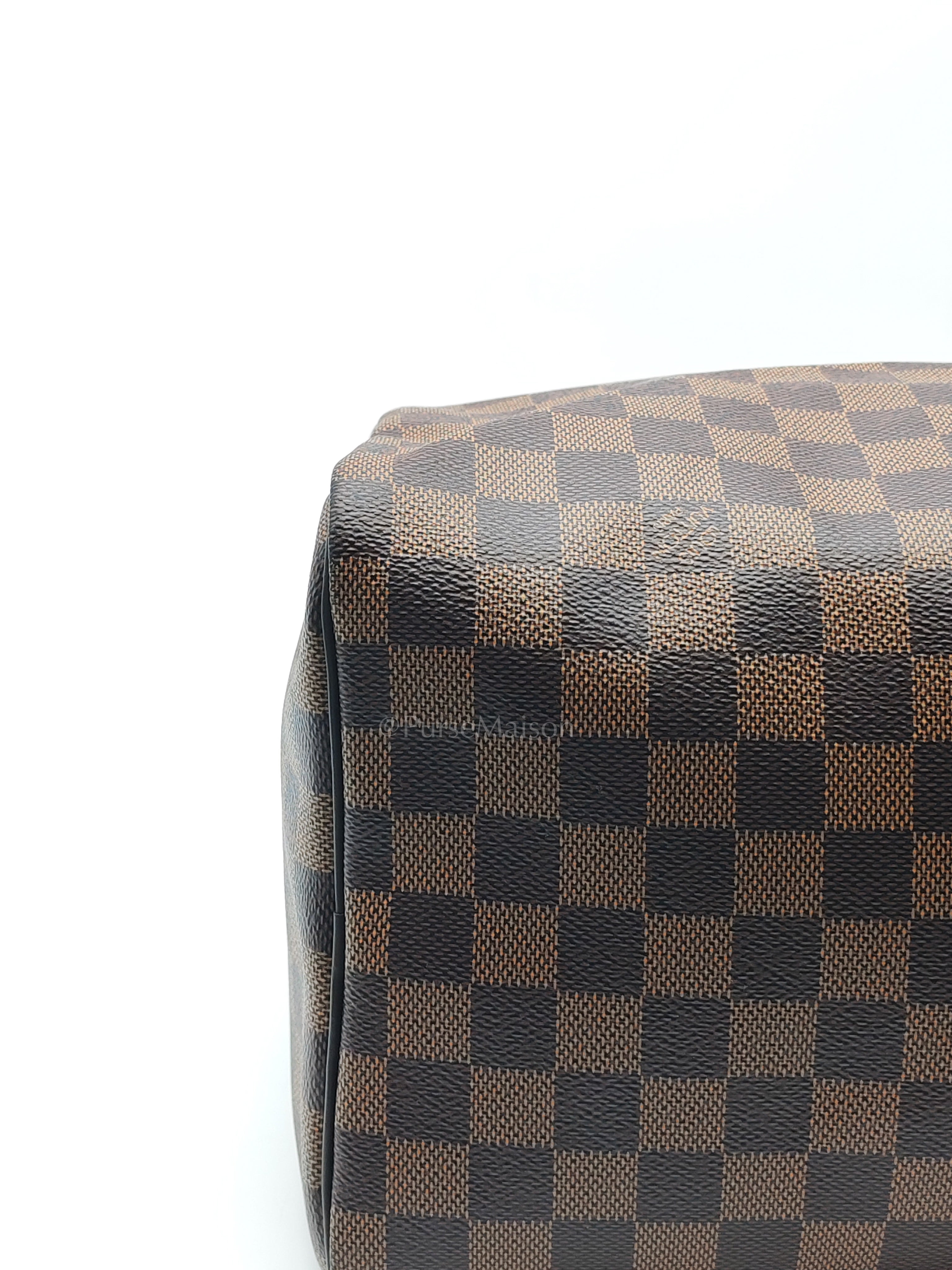 Speedy 30 in Damier Ebene Canvas & Gold Hardware Microchip | Purse Maison Luxury Bags Shop