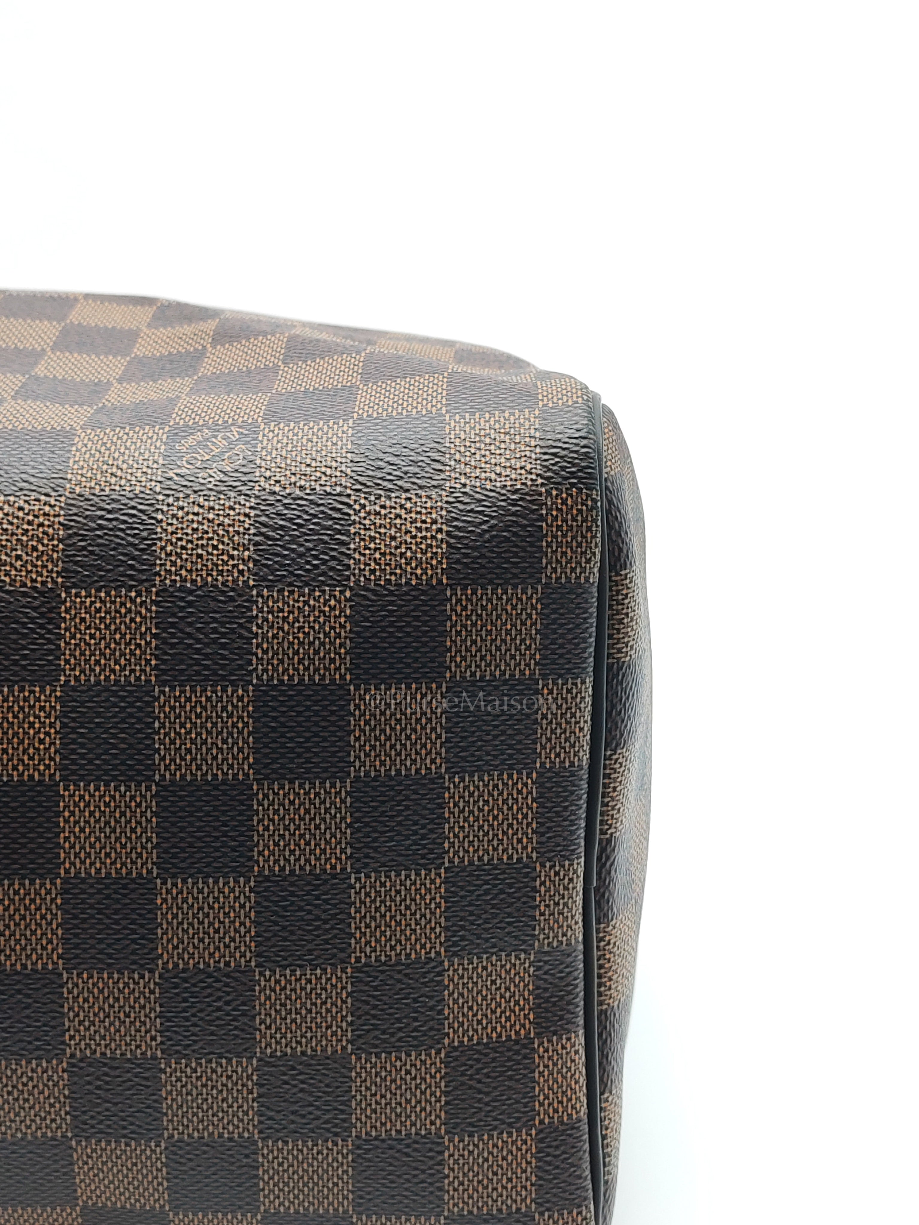 Speedy 30 in Damier Ebene Canvas & Gold Hardware Microchip | Purse Maison Luxury Bags Shop