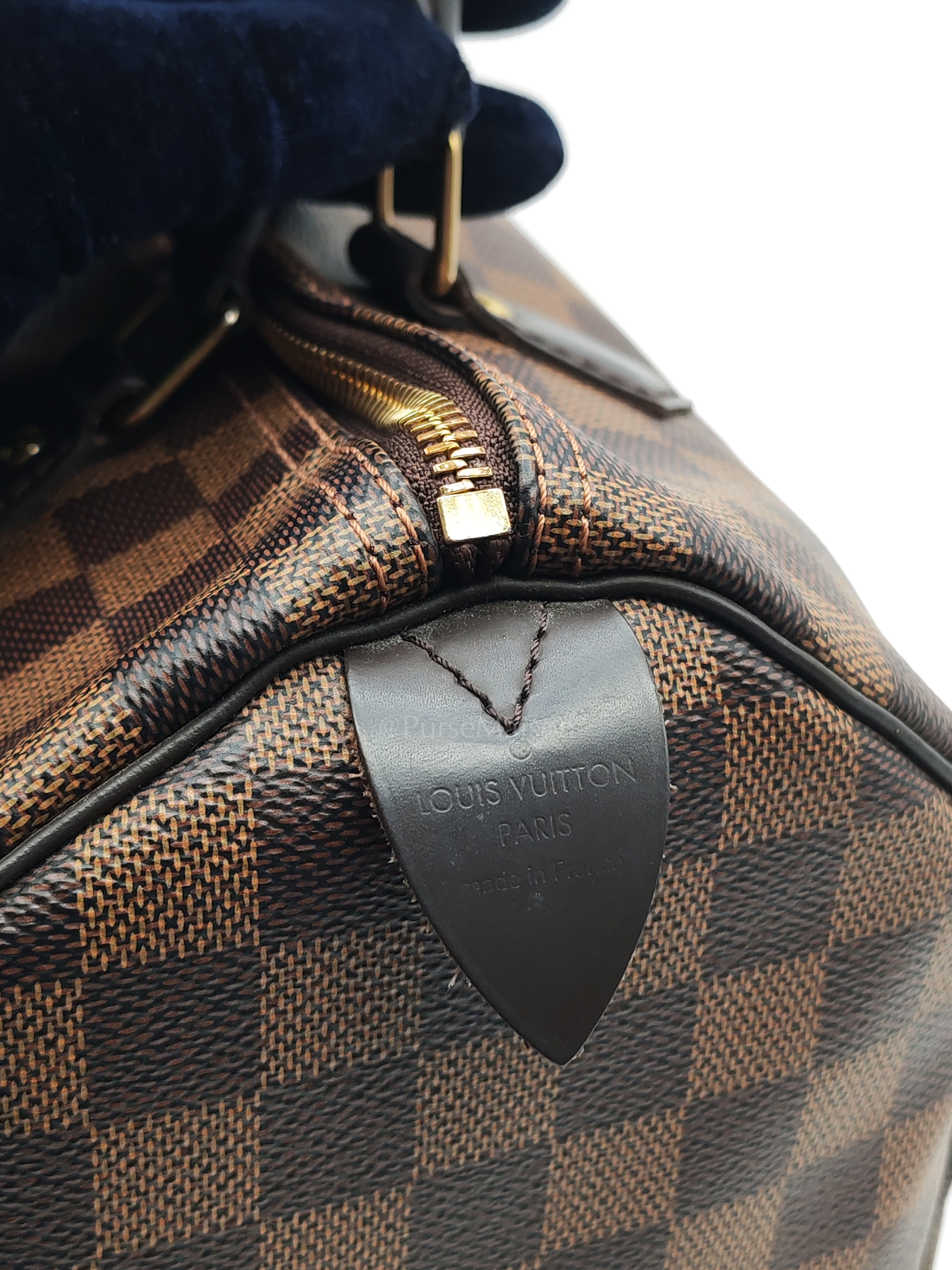 Speedy 30 in Damier Ebene Canvas & Gold Hardware Microchip | Purse Maison Luxury Bags Shop