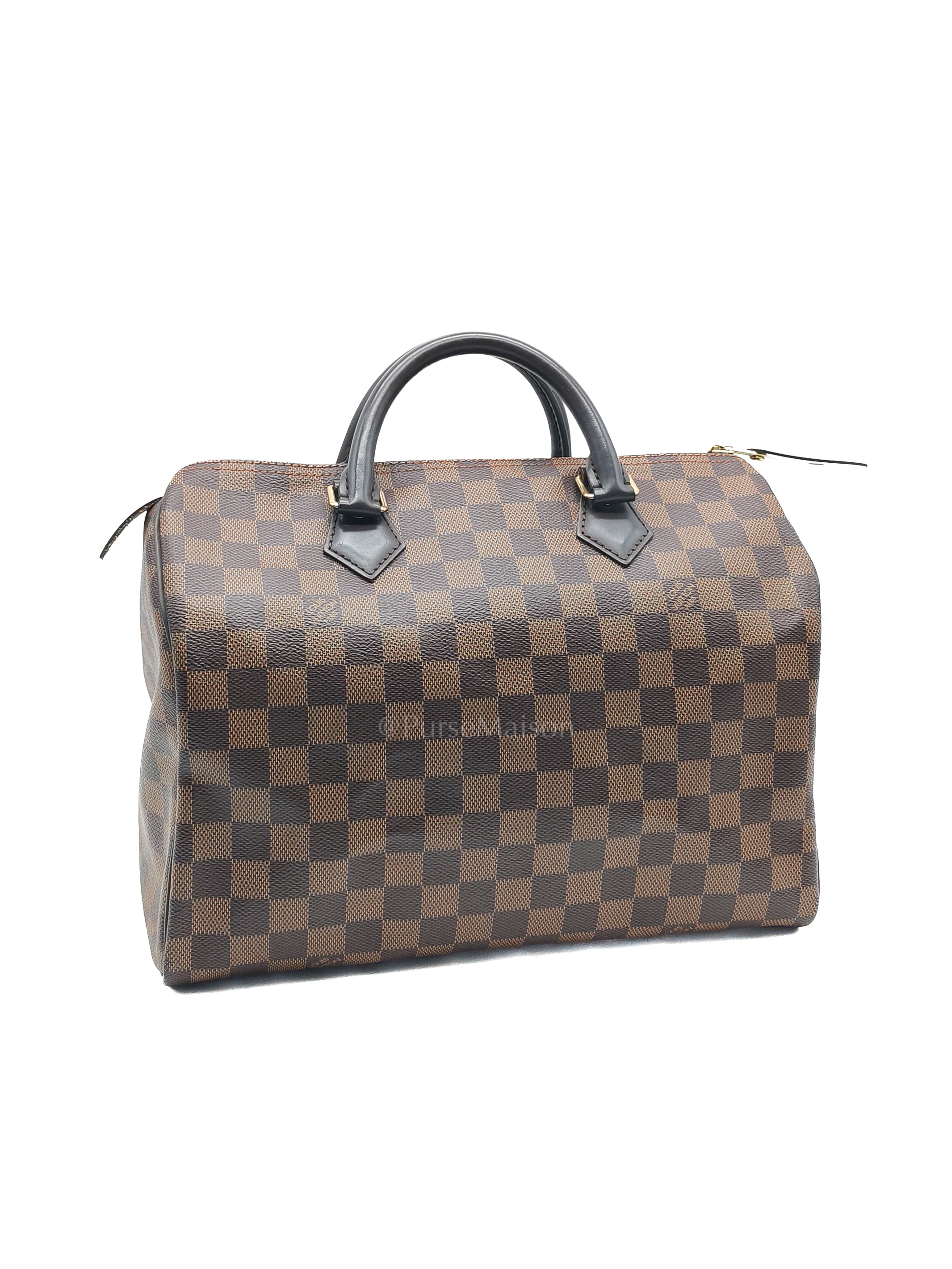 Speedy 30 in Damier Ebene Canvas & Gold Hardware Microchip | Purse Maison Luxury Bags Shop