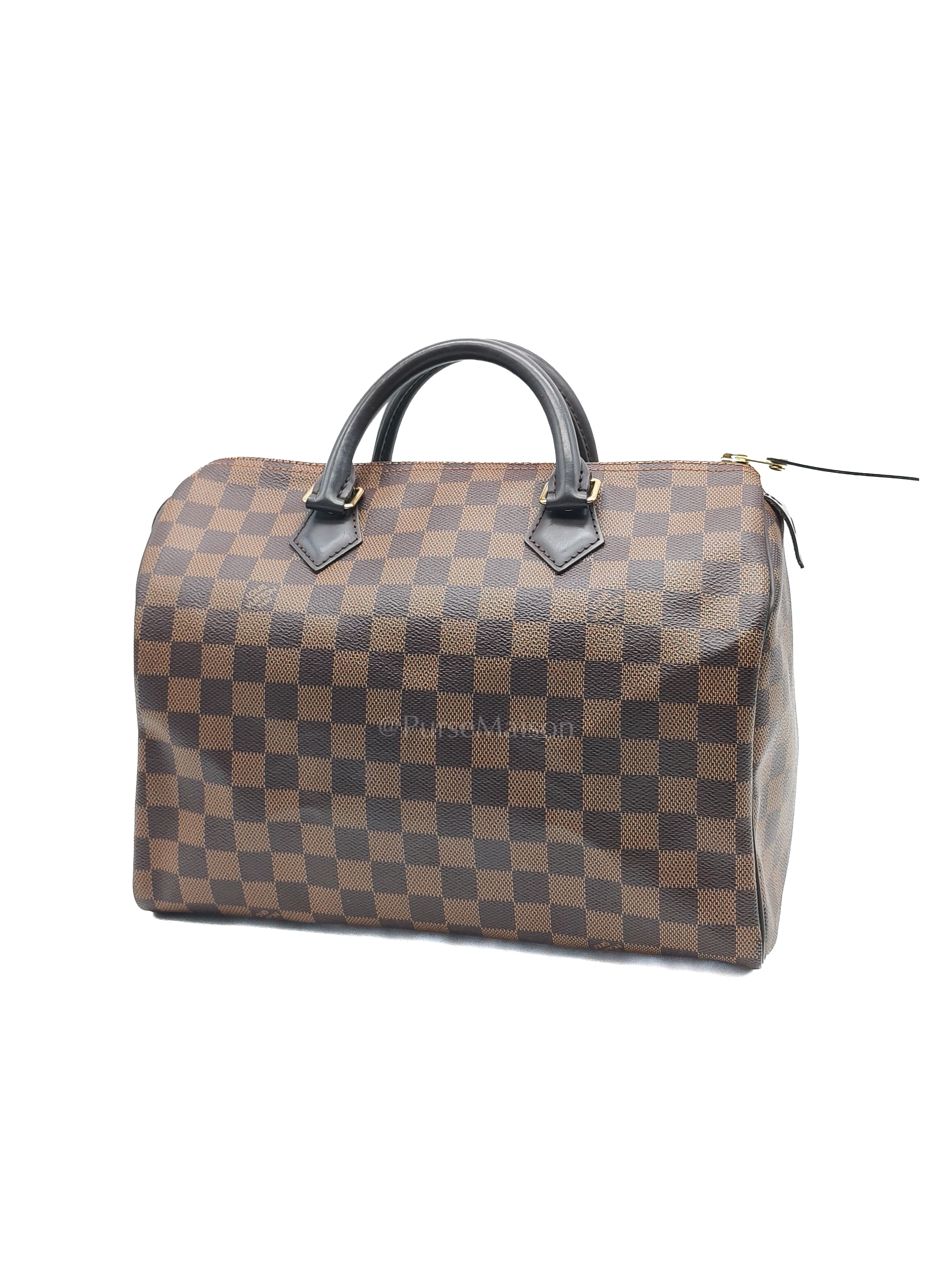 Speedy 30 in Damier Ebene Canvas & Gold Hardware Microchip | Purse Maison Luxury Bags Shop