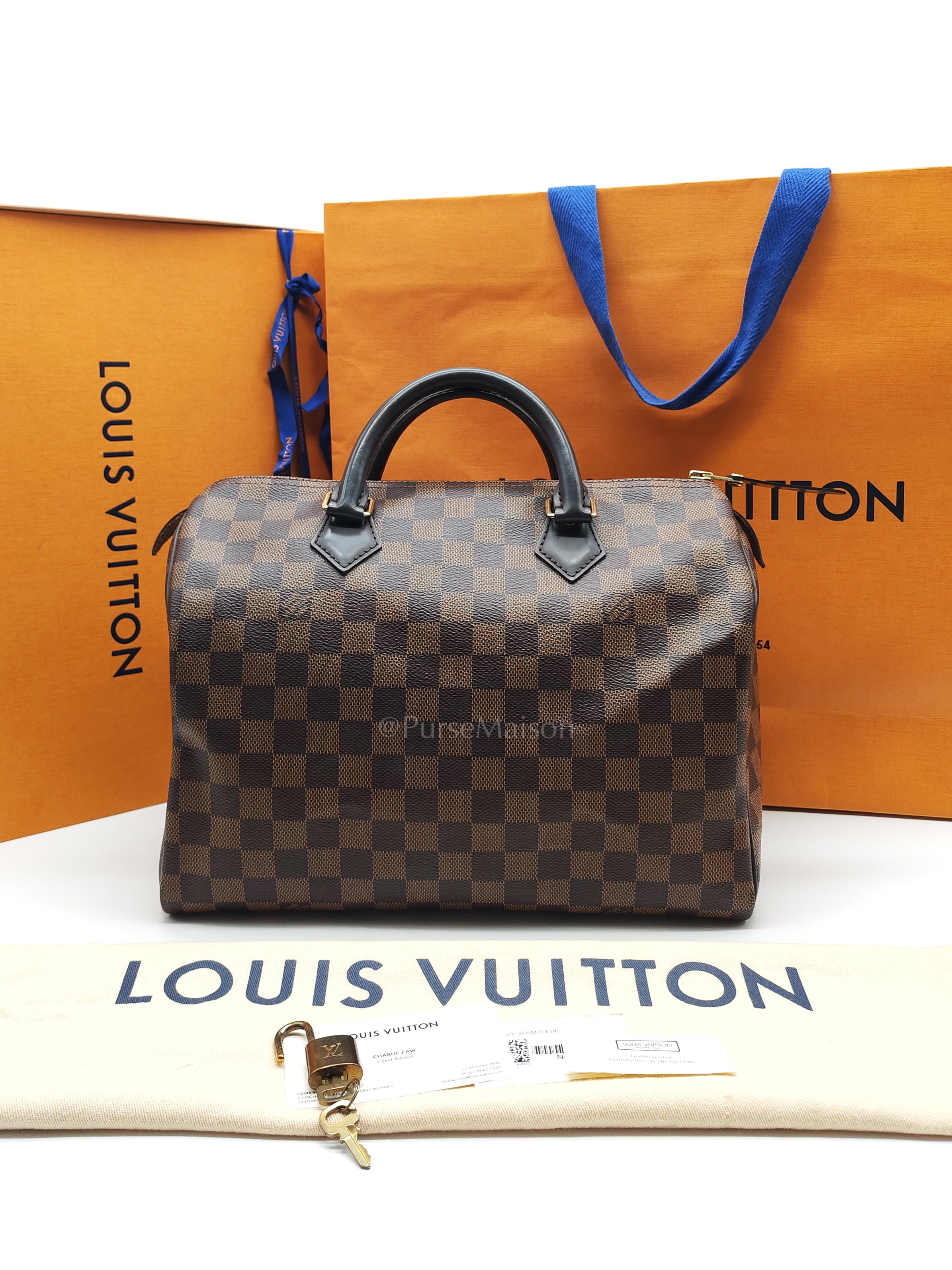 Speedy 30 in Damier Ebene Canvas & Gold Hardware Microchip | Purse Maison Luxury Bags Shop