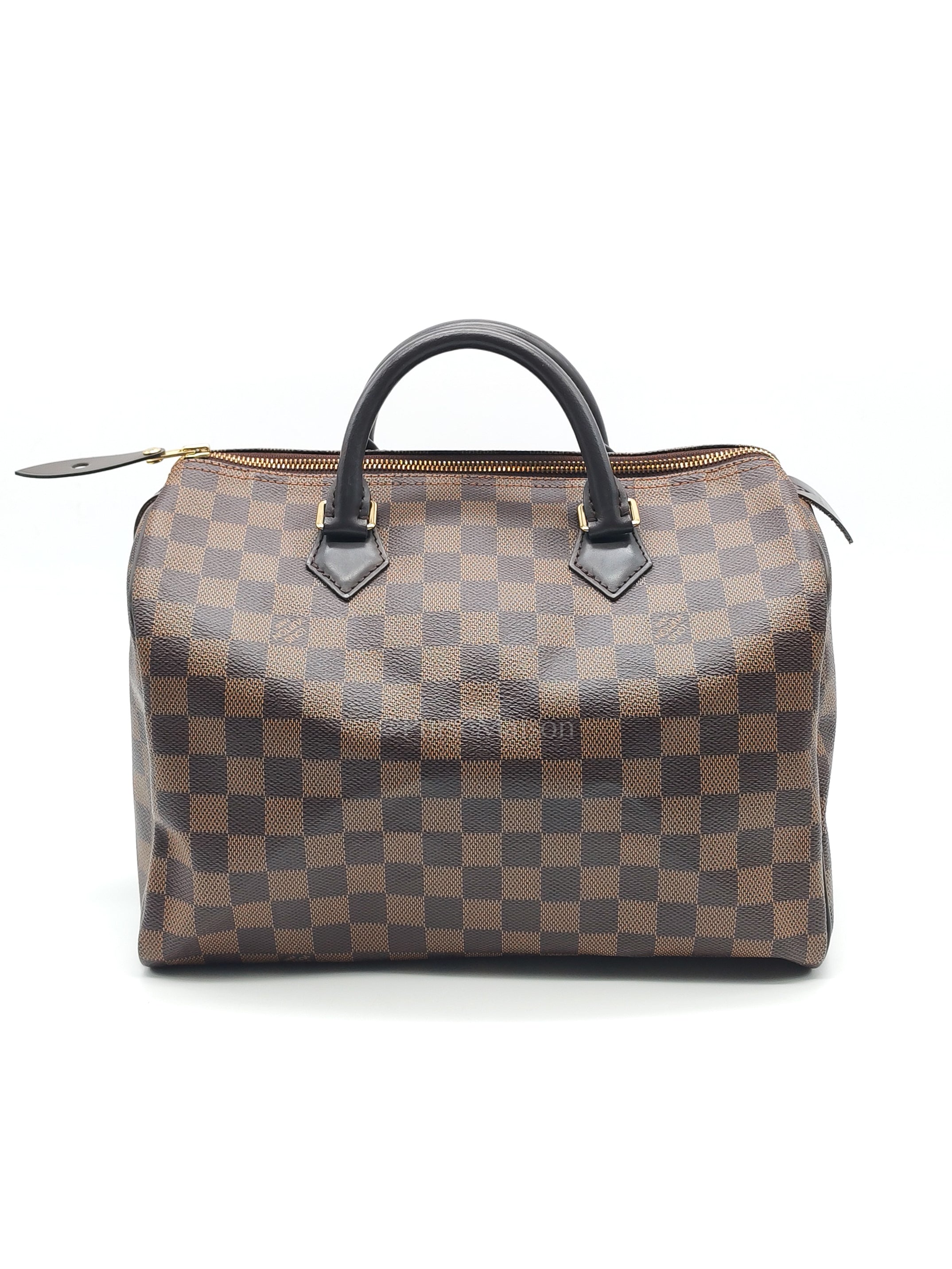 Speedy 30 in Damier Ebene Canvas & Gold Hardware Microchip | Purse Maison Luxury Bags Shop