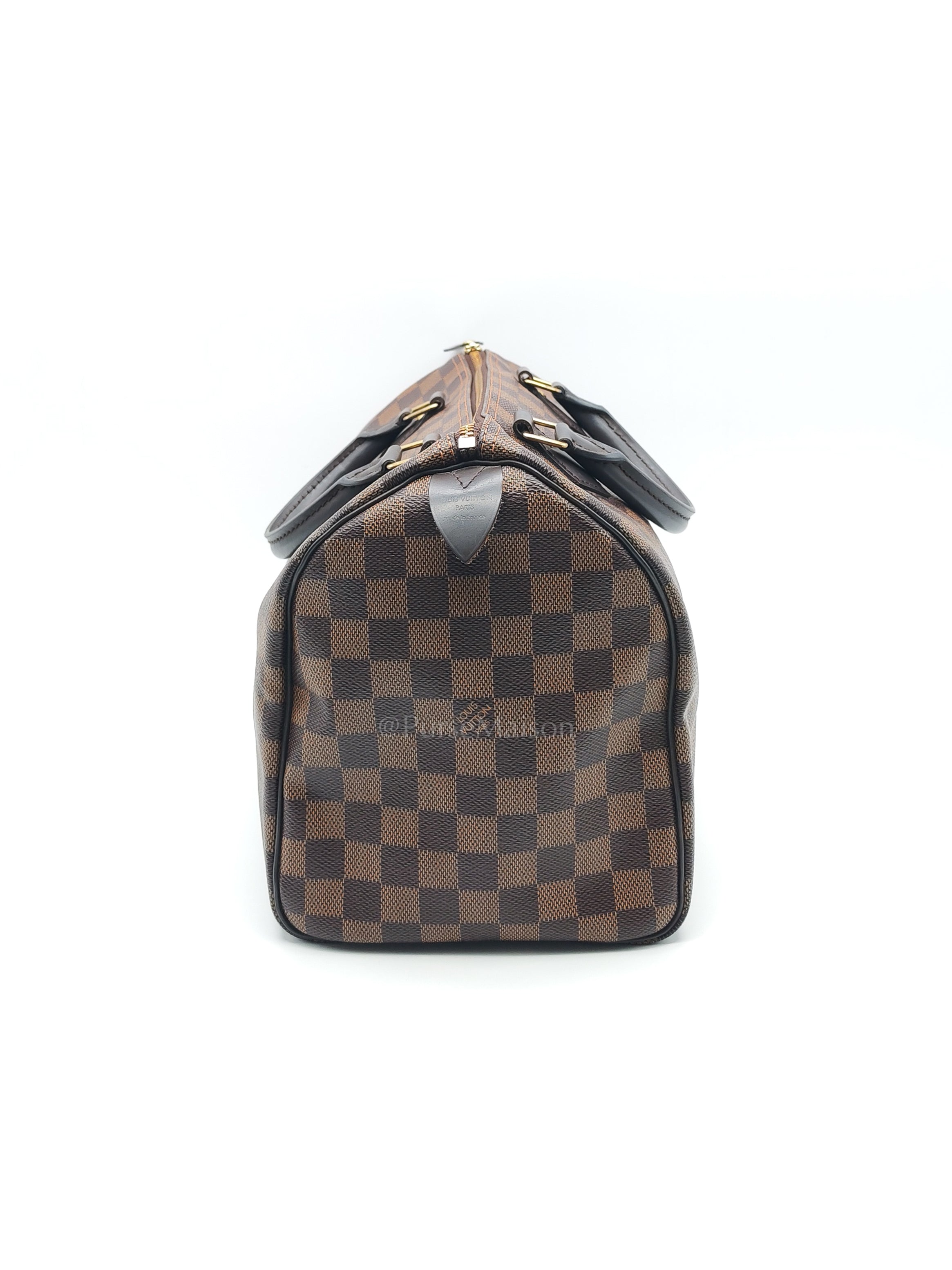 Speedy 30 in Damier Ebene Canvas & Gold Hardware Microchip | Purse Maison Luxury Bags Shop