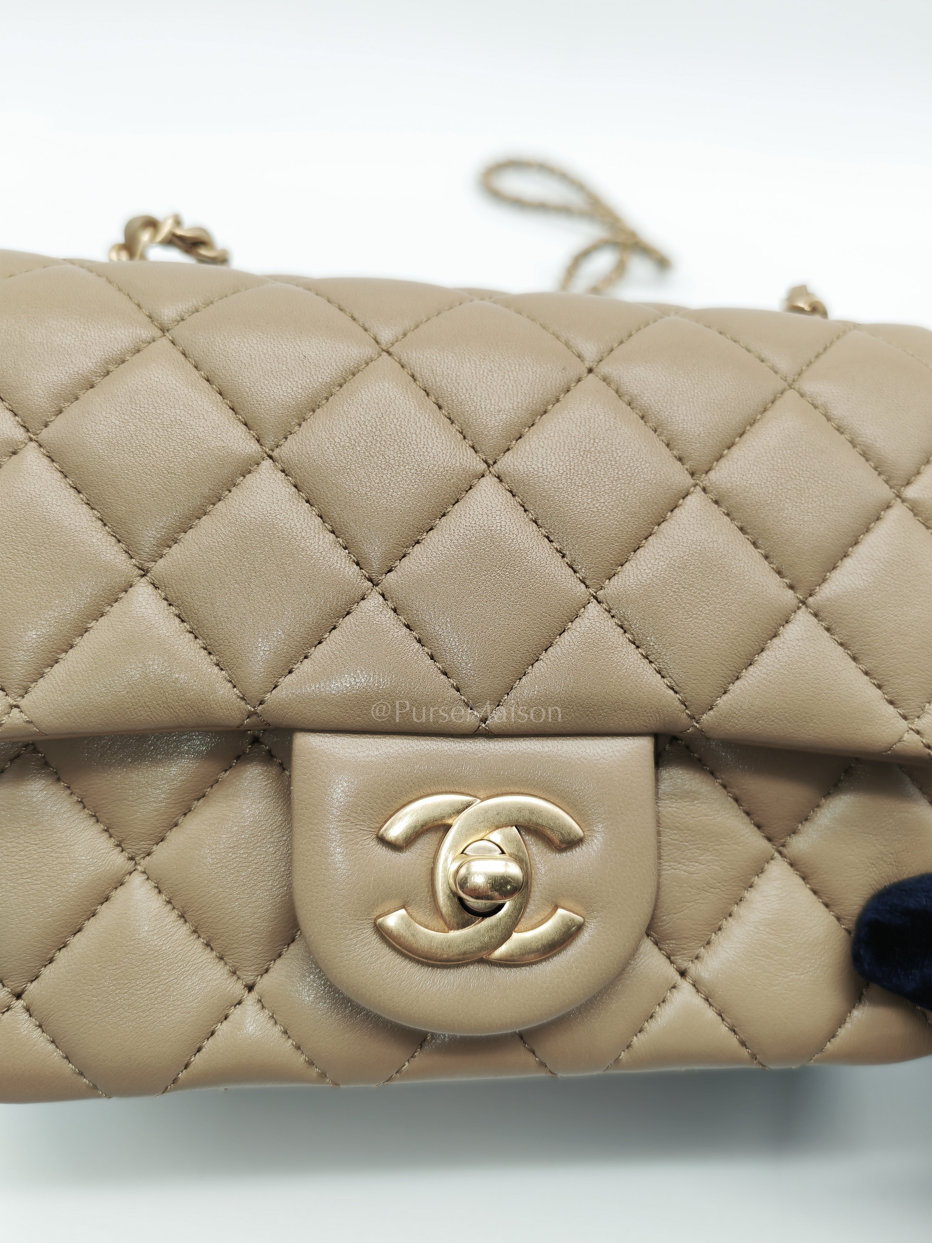 Square Mini Pearl Crush in Beige Lambskin Leather and Aged Gold Hardware (Microchip) | Purse Maison Luxury Bags Shop