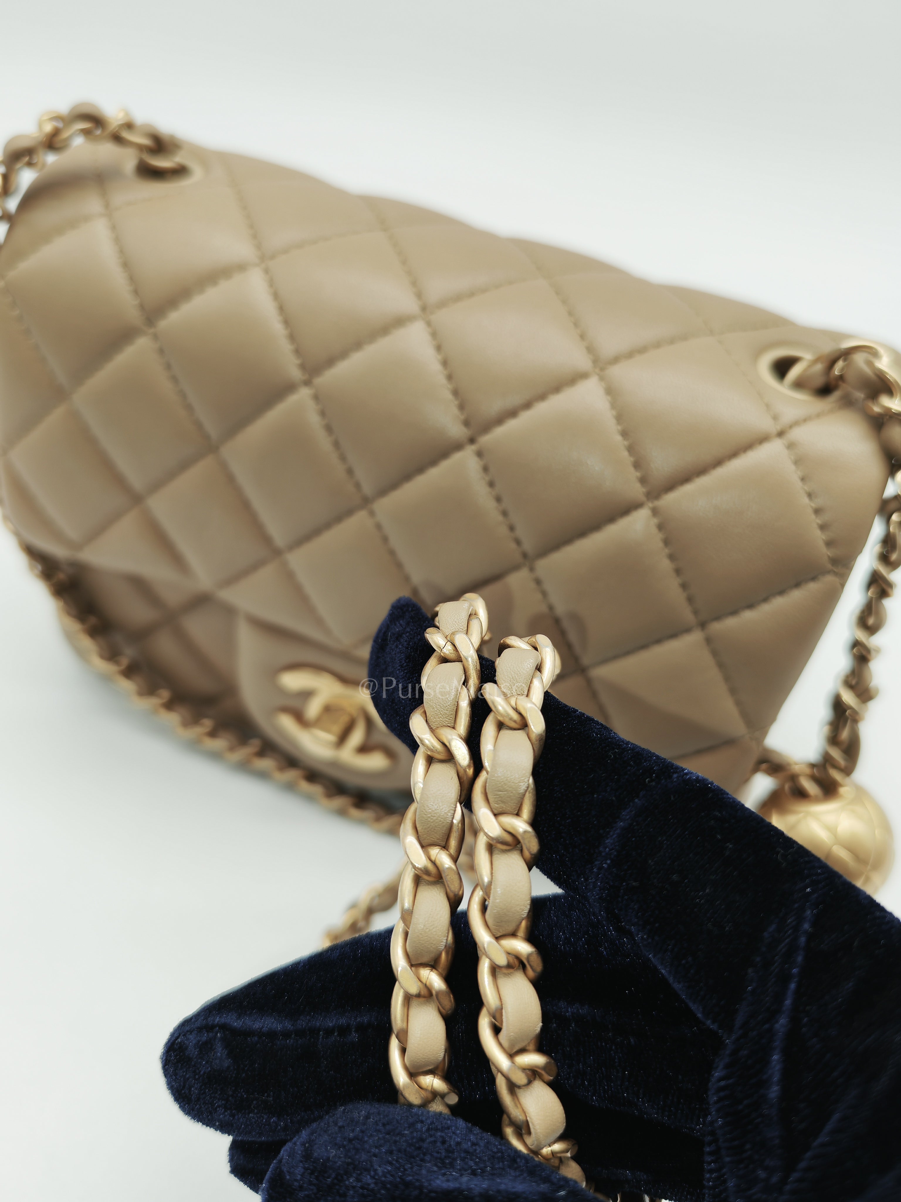 Square Mini Pearl Crush in Beige Lambskin Leather and Aged Gold Hardware (Microchip) | Purse Maison Luxury Bags Shop
