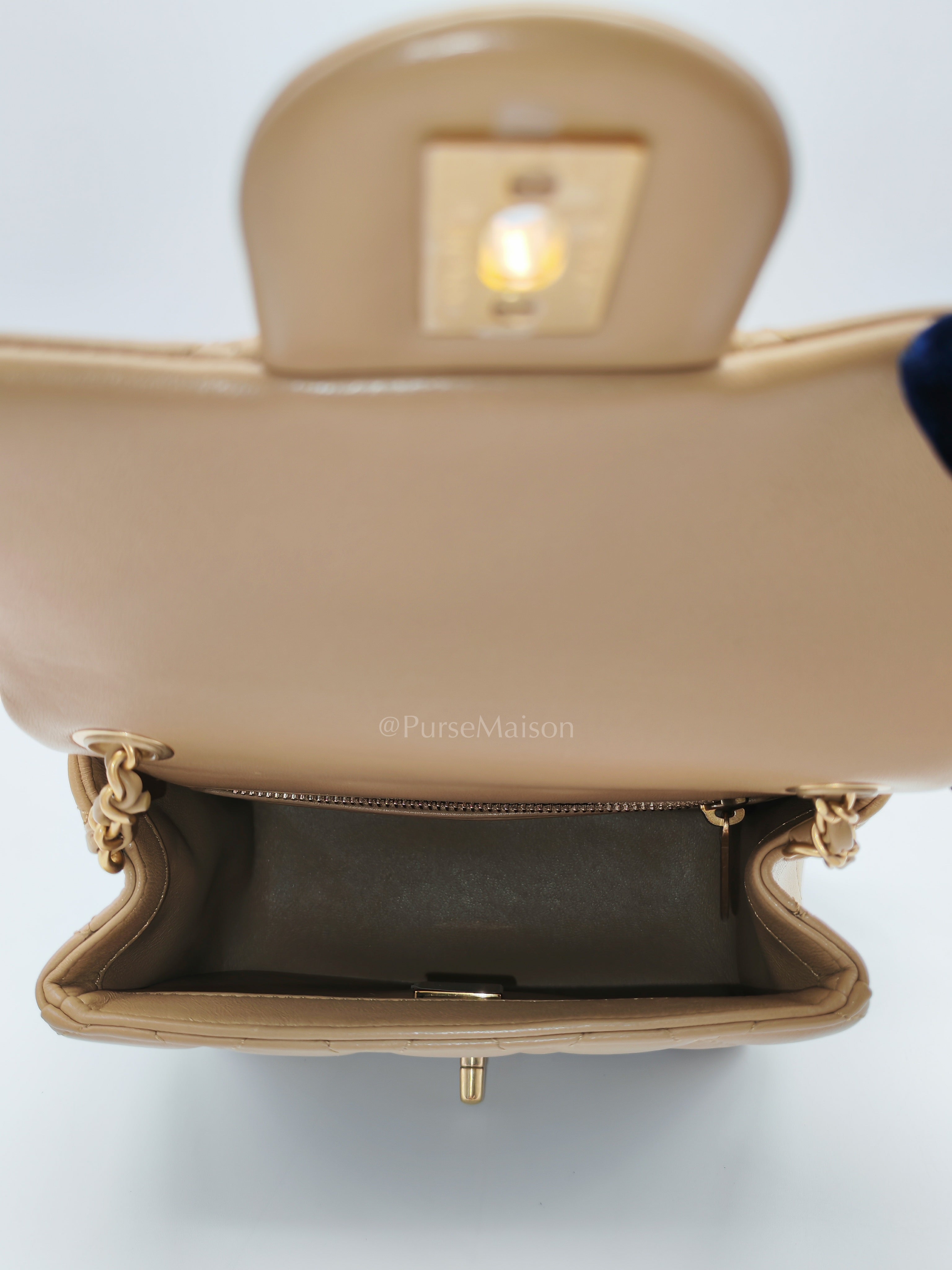 Square Mini Pearl Crush in Beige Lambskin Leather and Aged Gold Hardware (Microchip) | Purse Maison Luxury Bags Shop