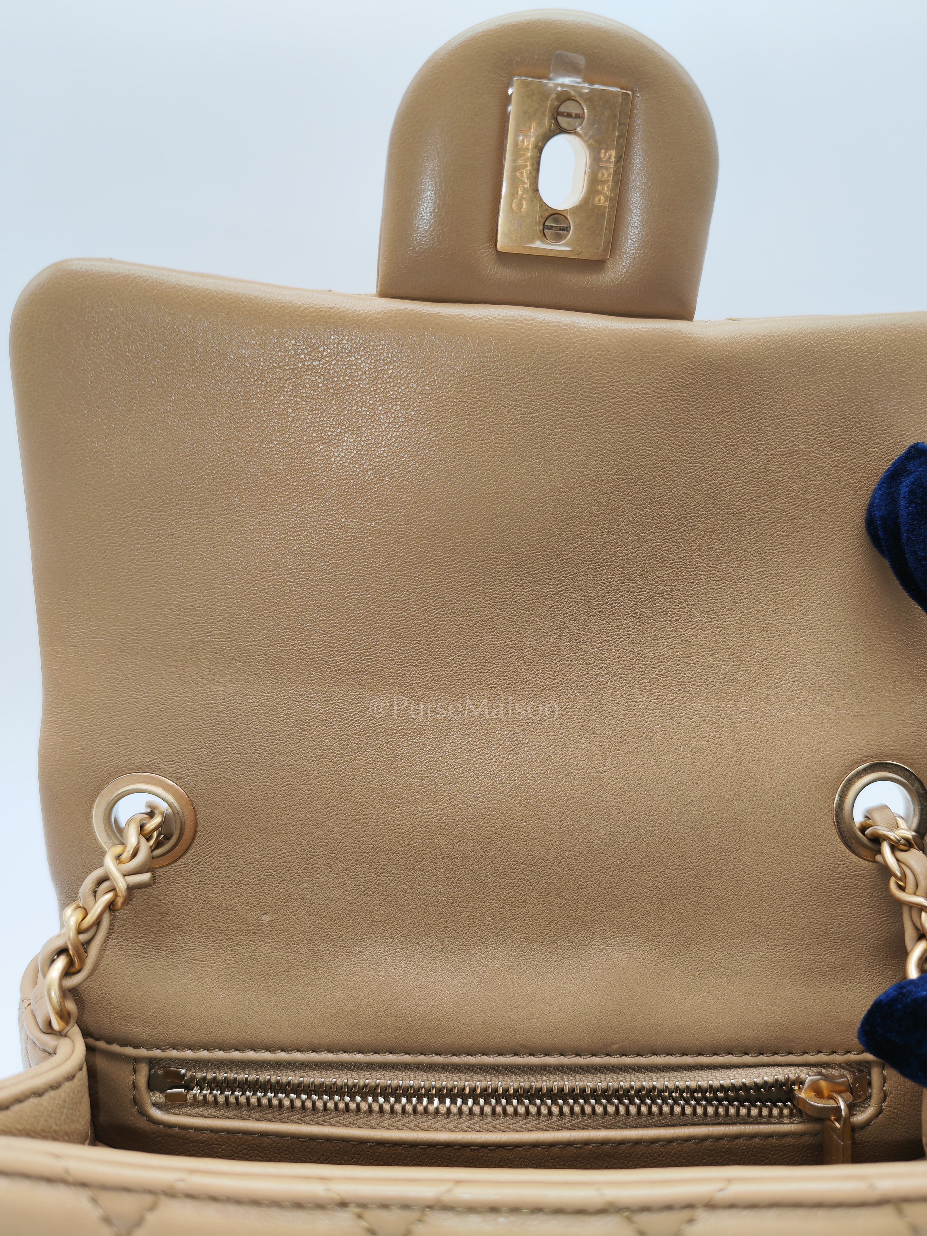 Square Mini Pearl Crush in Beige Lambskin Leather and Aged Gold Hardware (Microchip) | Purse Maison Luxury Bags Shop