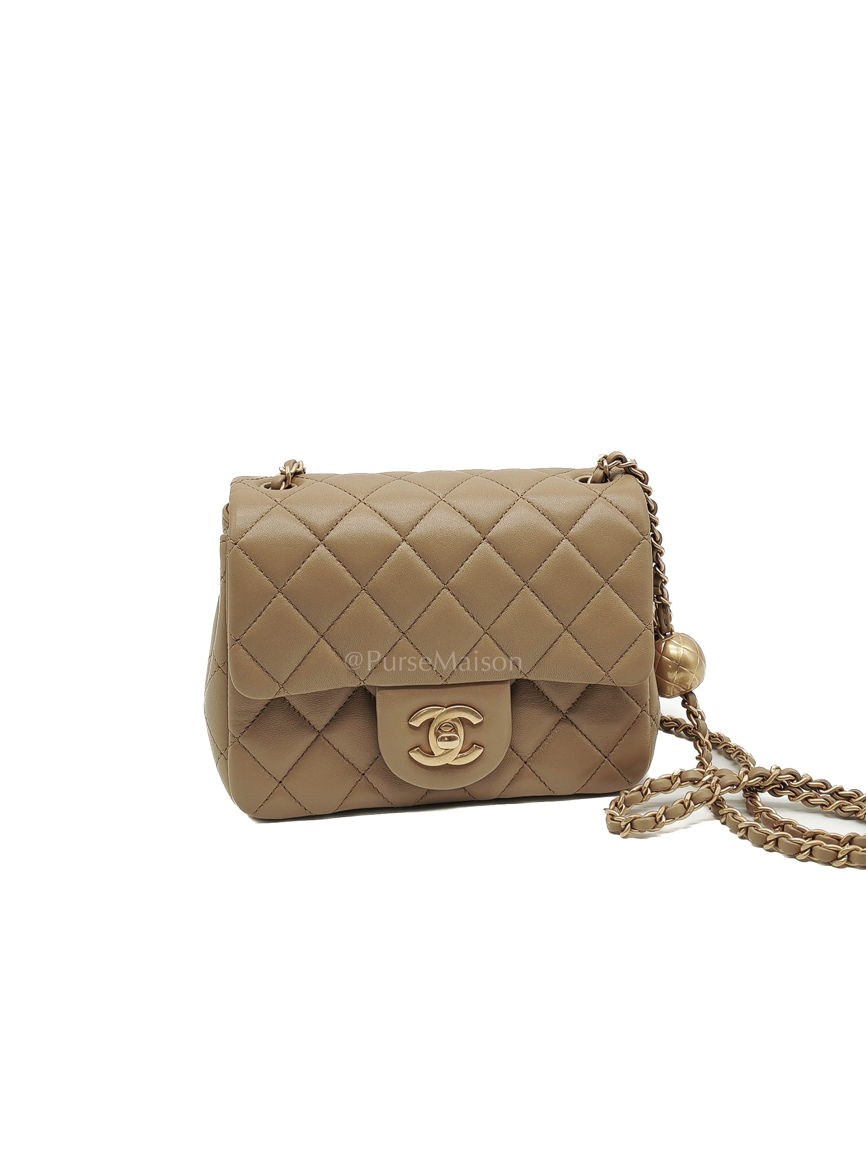 Square Mini Pearl Crush in Beige Lambskin Leather and Aged Gold Hardware (Microchip) | Purse Maison Luxury Bags Shop
