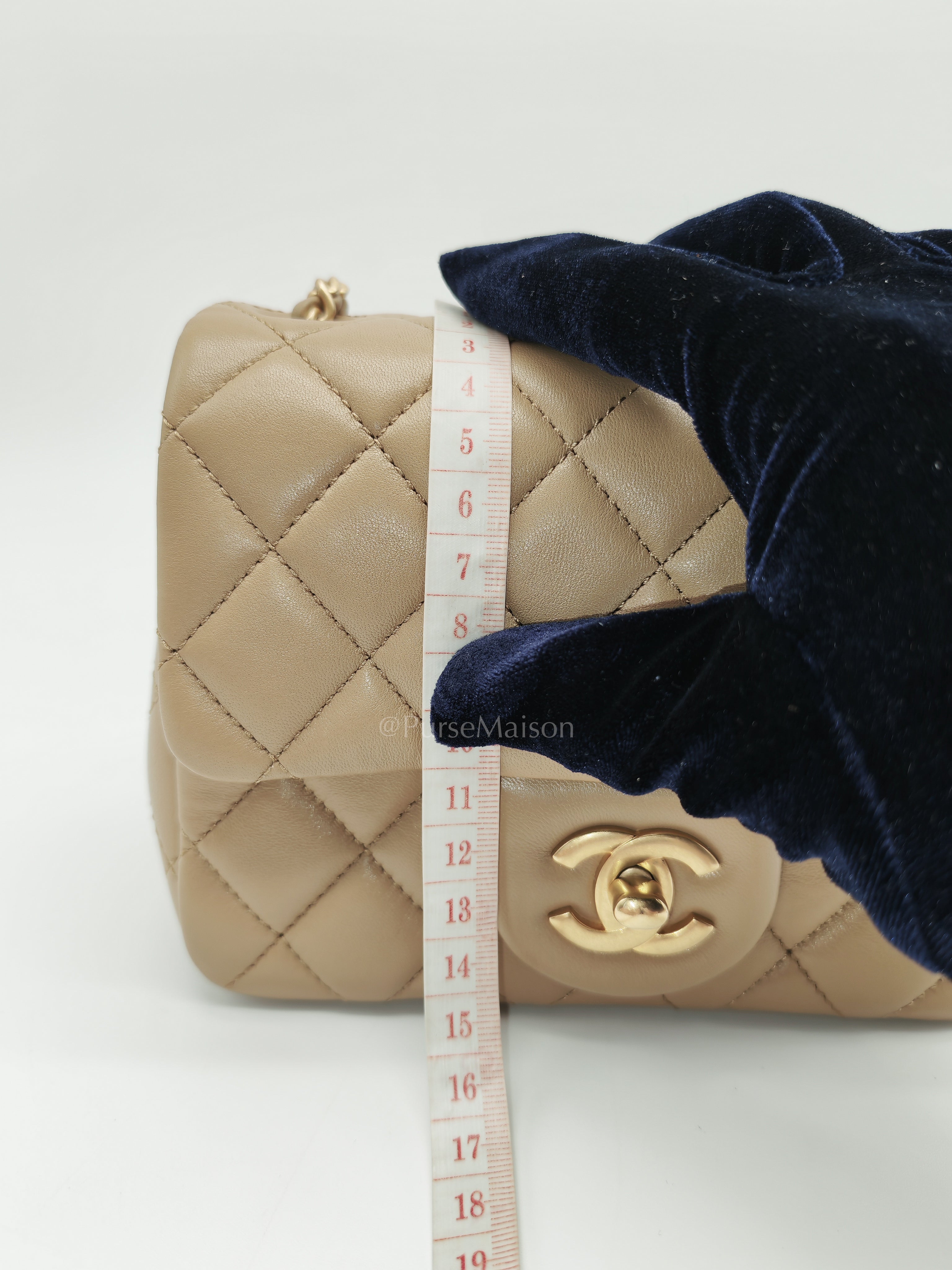 Square Mini Pearl Crush in Beige Lambskin Leather and Aged Gold Hardware (Microchip) | Purse Maison Luxury Bags Shop